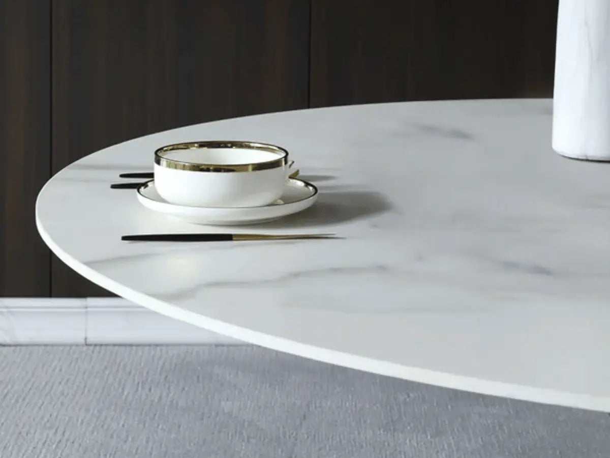 Table à manger ronde en effet marbre céramique blanc  