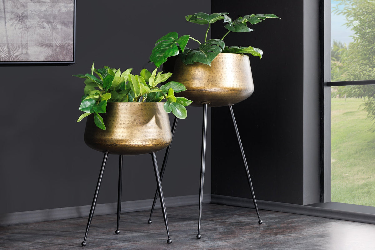2er Set Blumentopf FLOWERS 65cm messing gold schwarz Hammerschlag-Design
