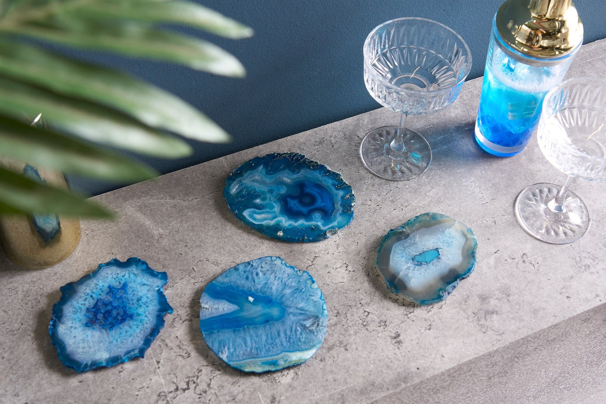 4er Set Untersetzer für Gläser COASTER 10cm blau Edelstein Achat Quarz handmade