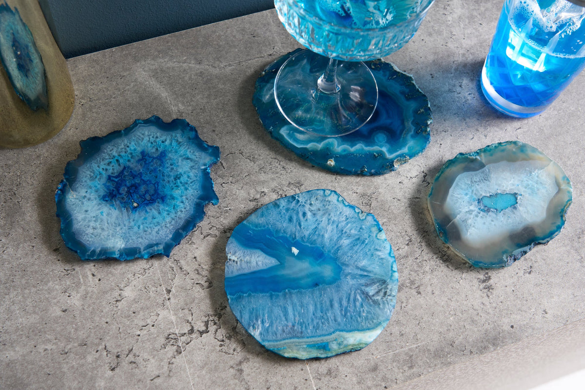4er Set Untersetzer für Gläser COASTER 10cm blau Edelstein Achat Quarz handmade