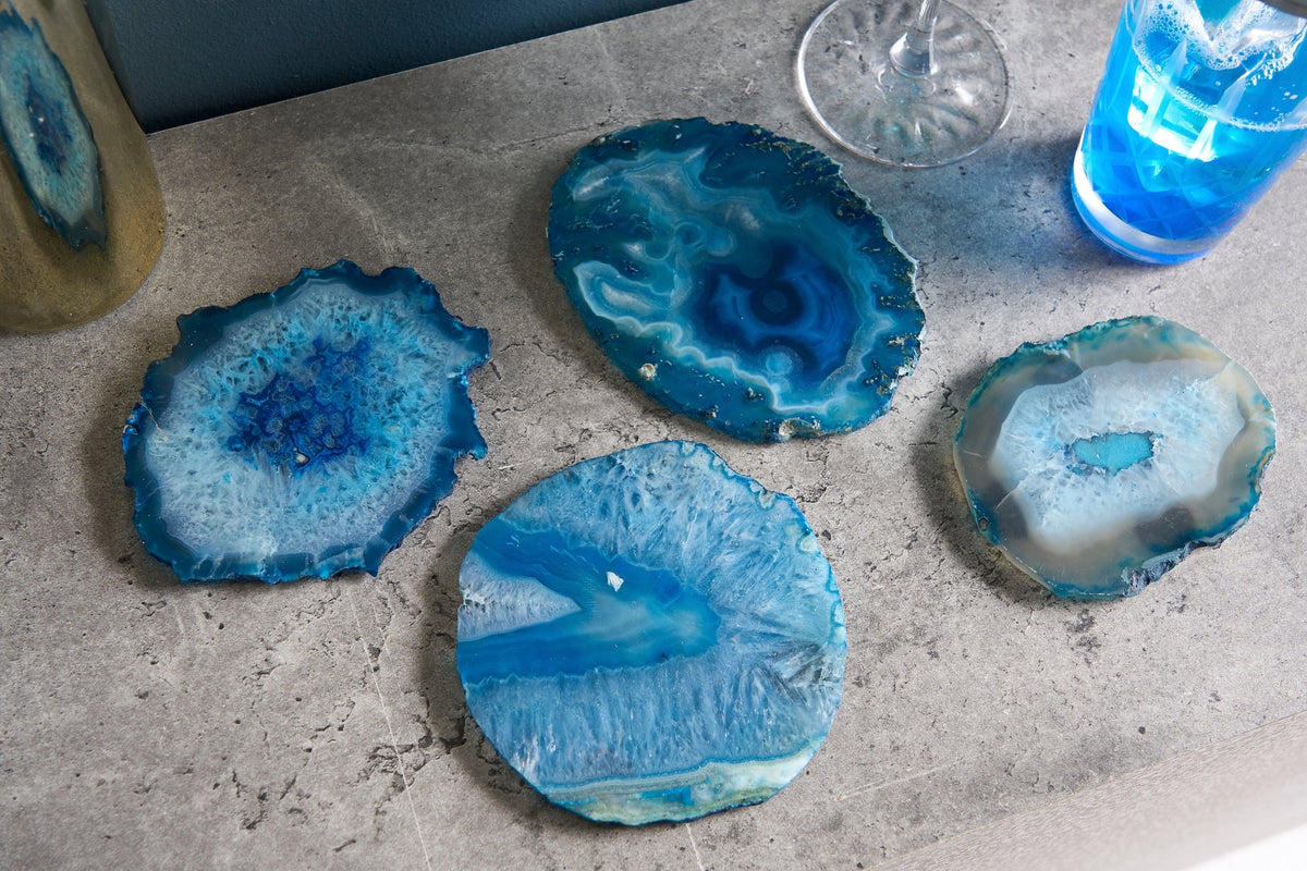4er Set Untersetzer für Gläser COASTER 10cm blau Edelstein Achat Quarz handmade