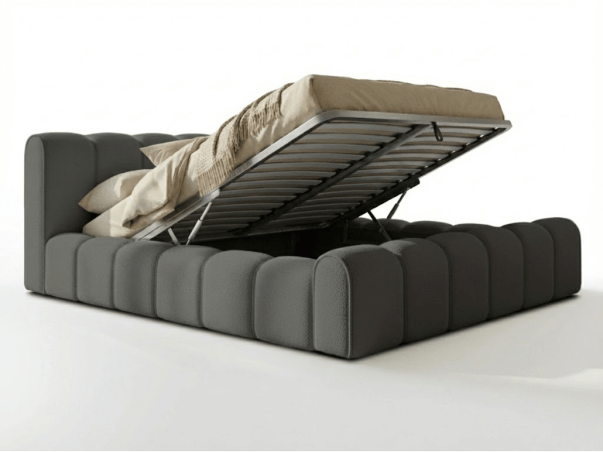 Lit coffre Adèle en tissu bouclette – Design capitonné, coffre de rangement