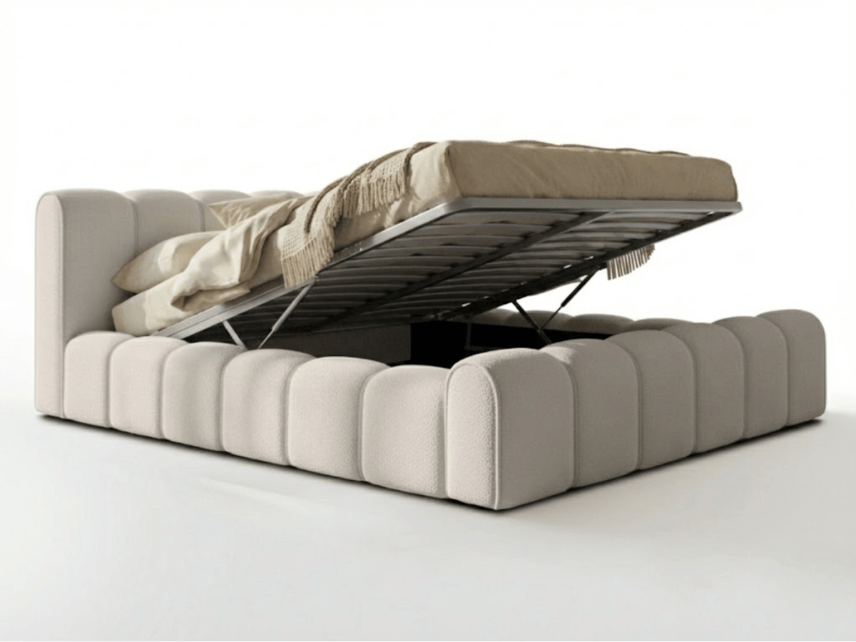 Lit coffre Adèle en tissu bouclette – Design capitonné, coffre de rangement