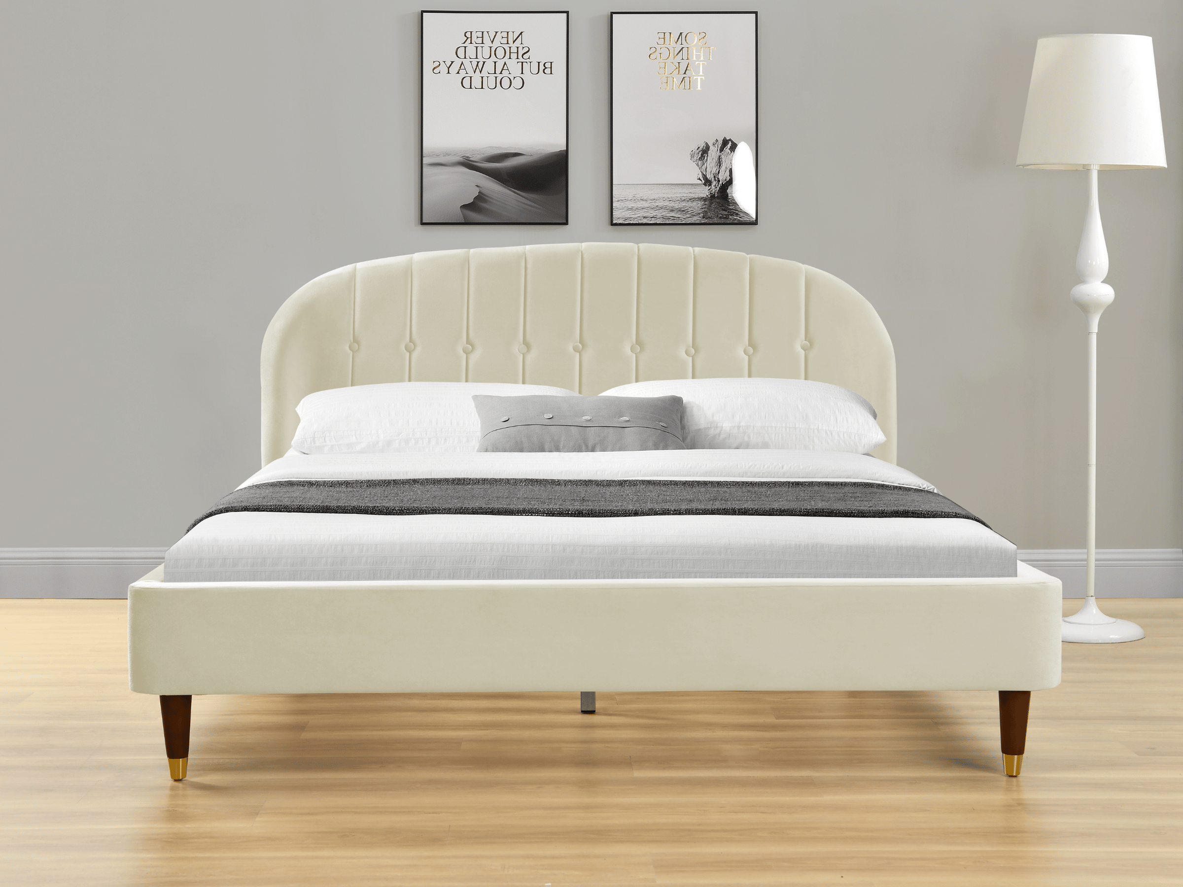 Lit en velours avec tête de lit arrondie capitonnée, sommier inclus AURORE
