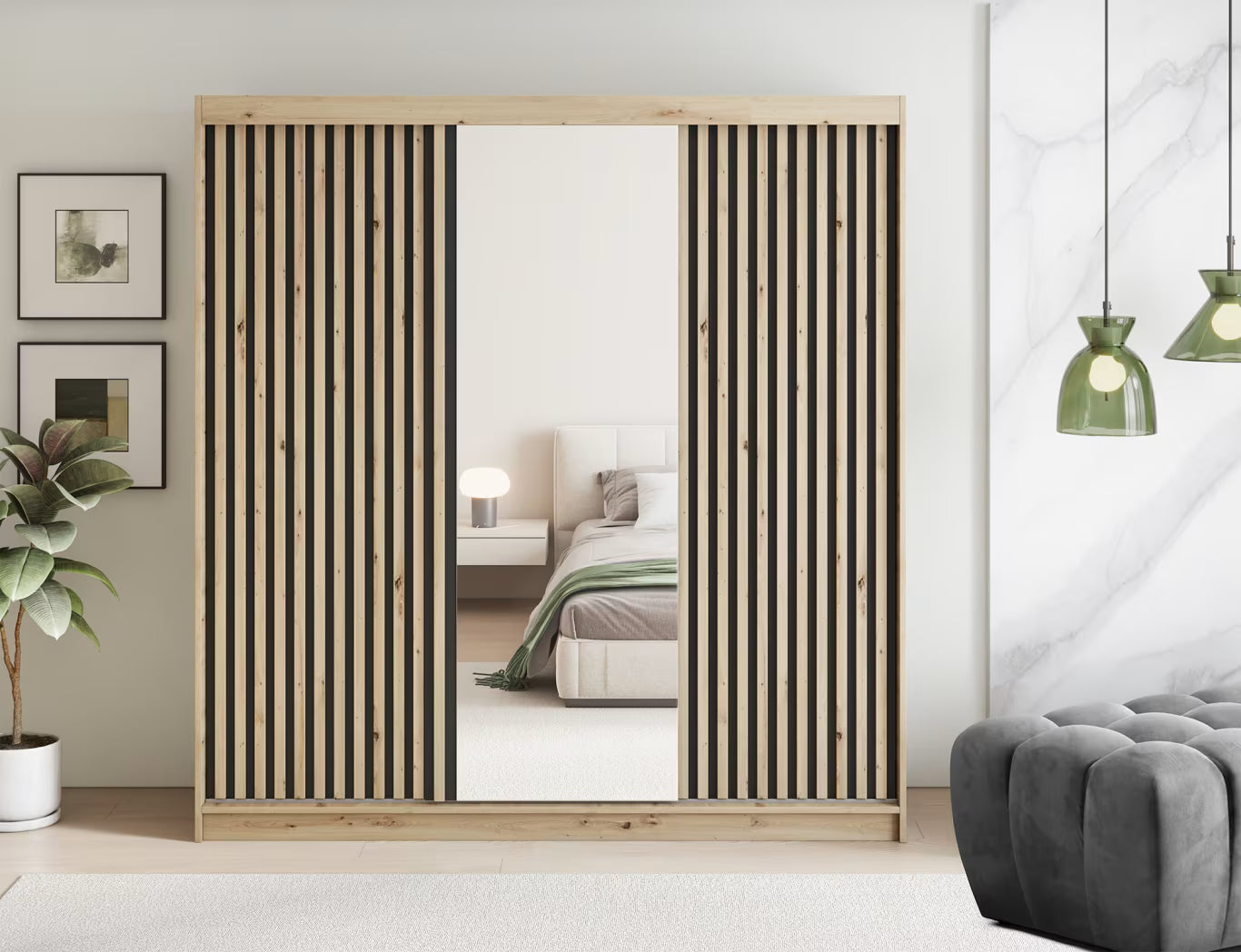 Armoire Dressing Coulissante 120 / 180 cm avec Miroir – Décor Chêne Artisan & Façades Lattes Modernes - LIGNARO