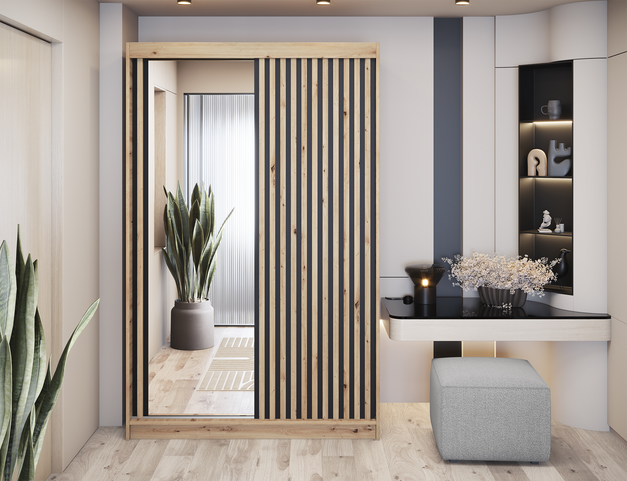 Armoire Dressing Coulissante 120 / 180 cm avec Miroir – Décor Chêne Artisan & Façades Lattes Modernes - LIGNARO