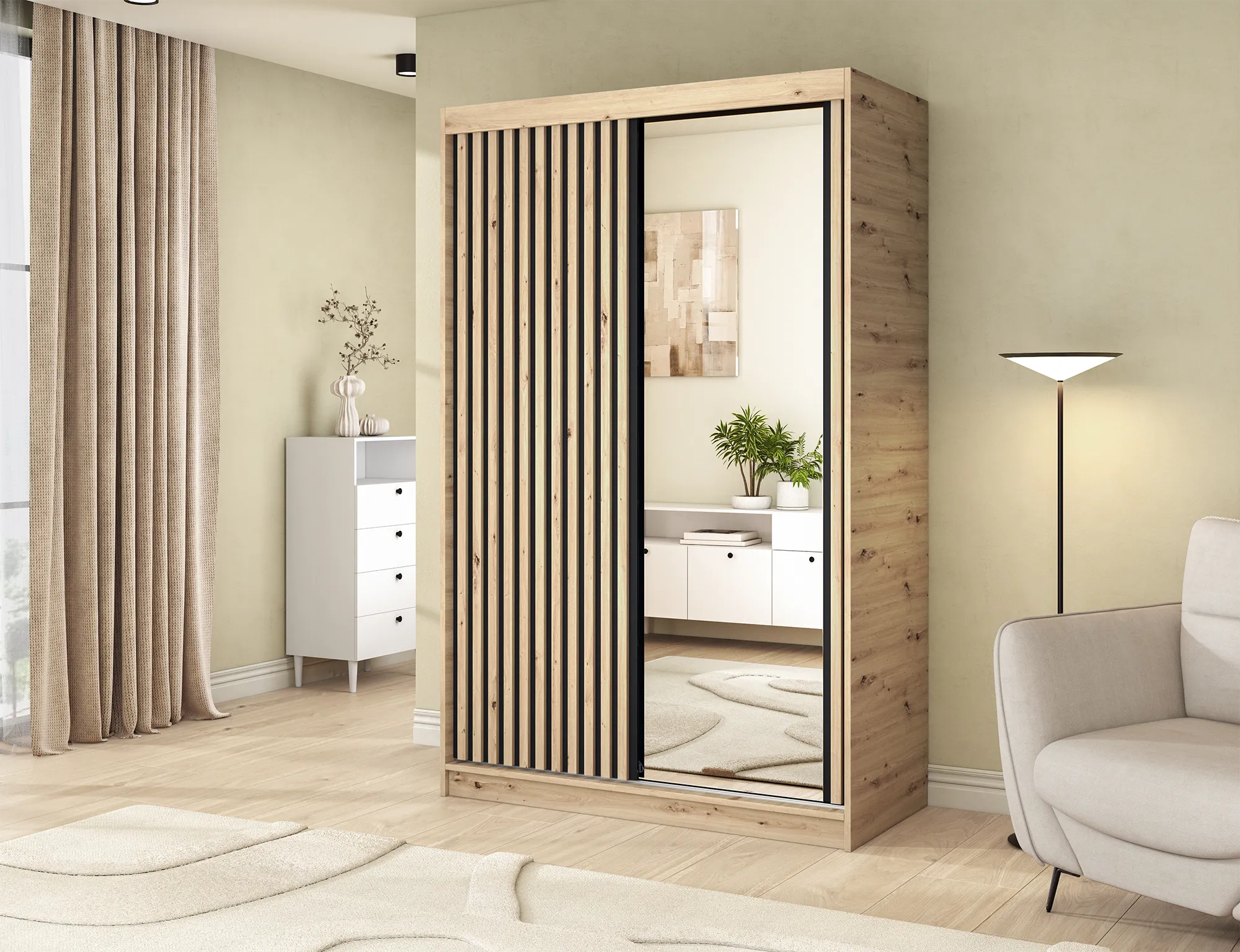 Armoire Dressing Coulissante 120 / 180 cm avec Miroir – Décor Chêne Artisan & Façades Lattes Modernes - LIGNARO