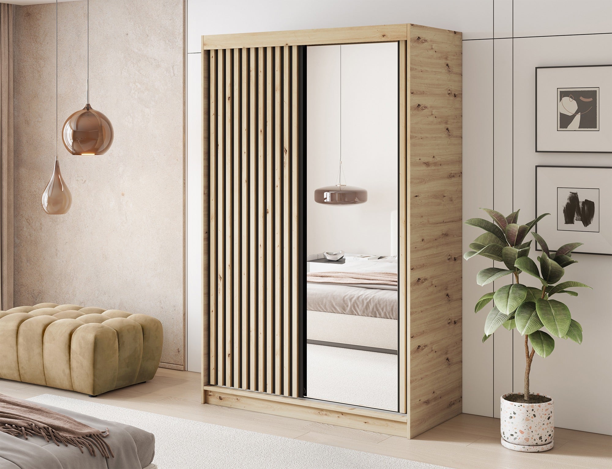 Armoire Dressing Coulissante 120 / 180 cm avec Miroir – Décor Chêne Artisan & Façades Lattes Modernes - LIGNARO