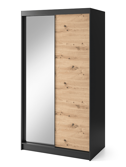Armoire Dressing Coulissante 120 & 180 cm avec Miroir – Décor Chêne Artisan & Structure Noir Mat - VARELLA