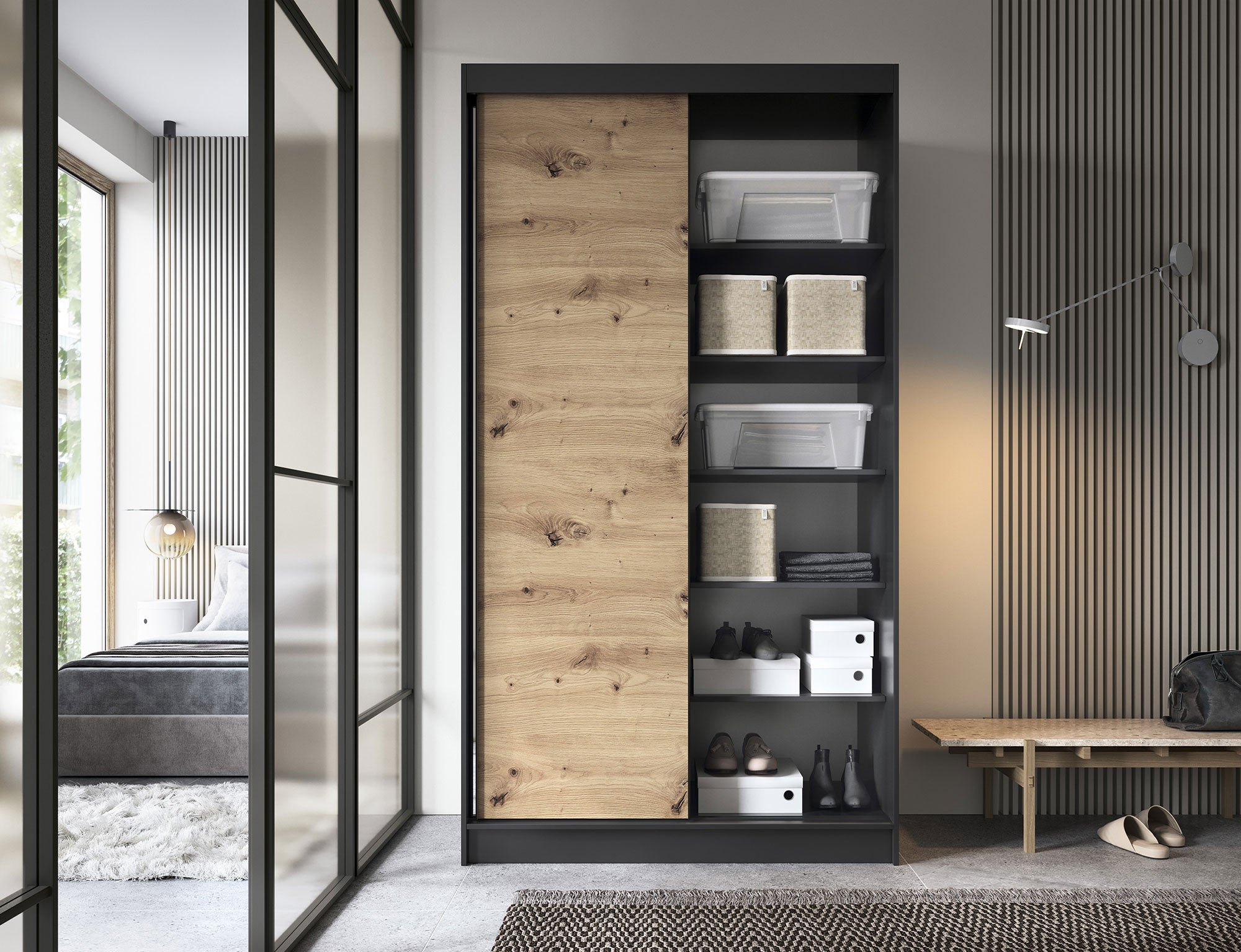 Armoire Dressing Coulissante 120 & 180 cm avec Miroir – Décor Chêne Artisan & Structure Noir Mat - VARELLA