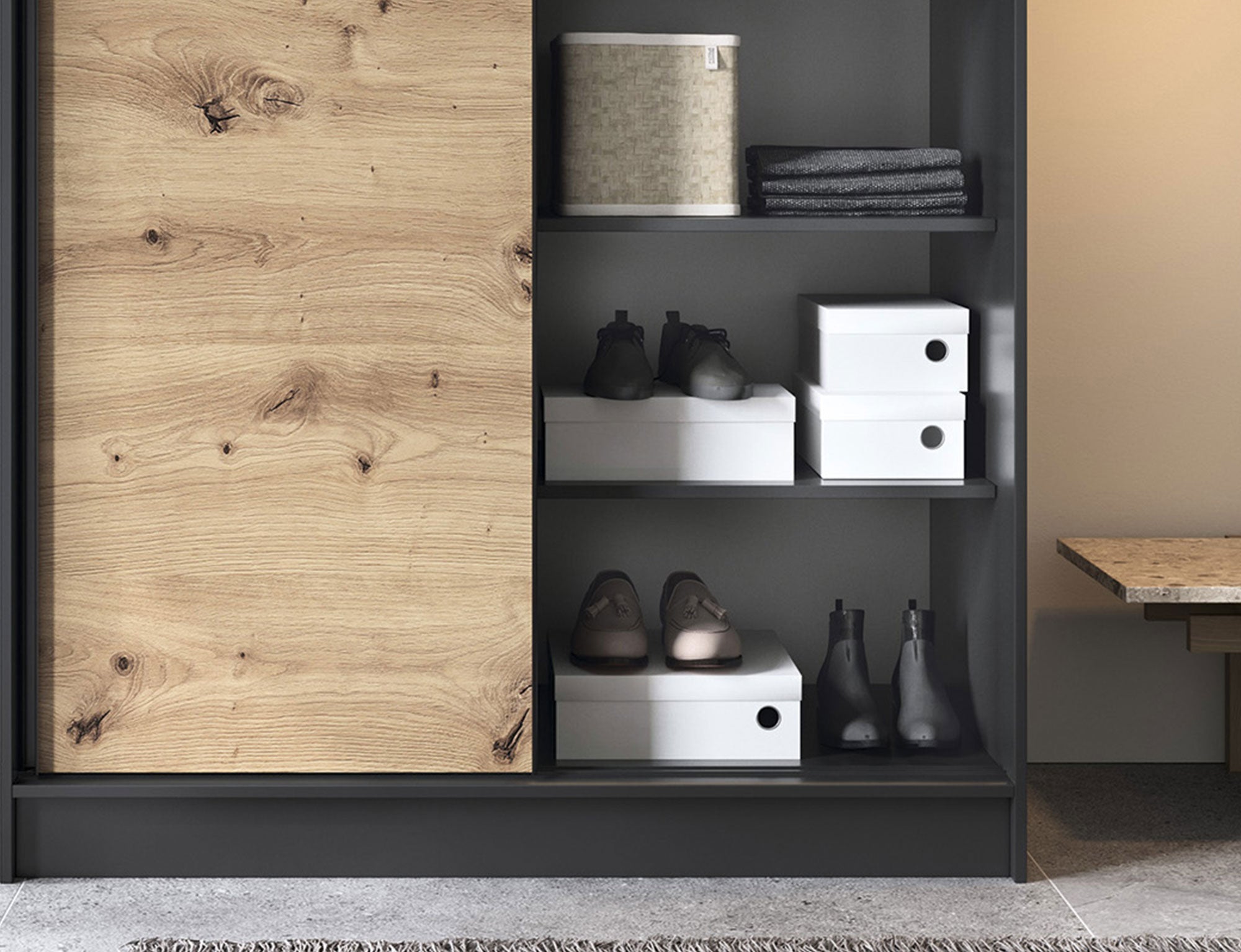 Armoire Dressing Coulissante 120 & 180 cm avec Miroir – Décor Chêne Artisan & Structure Noir Mat - VARELLA