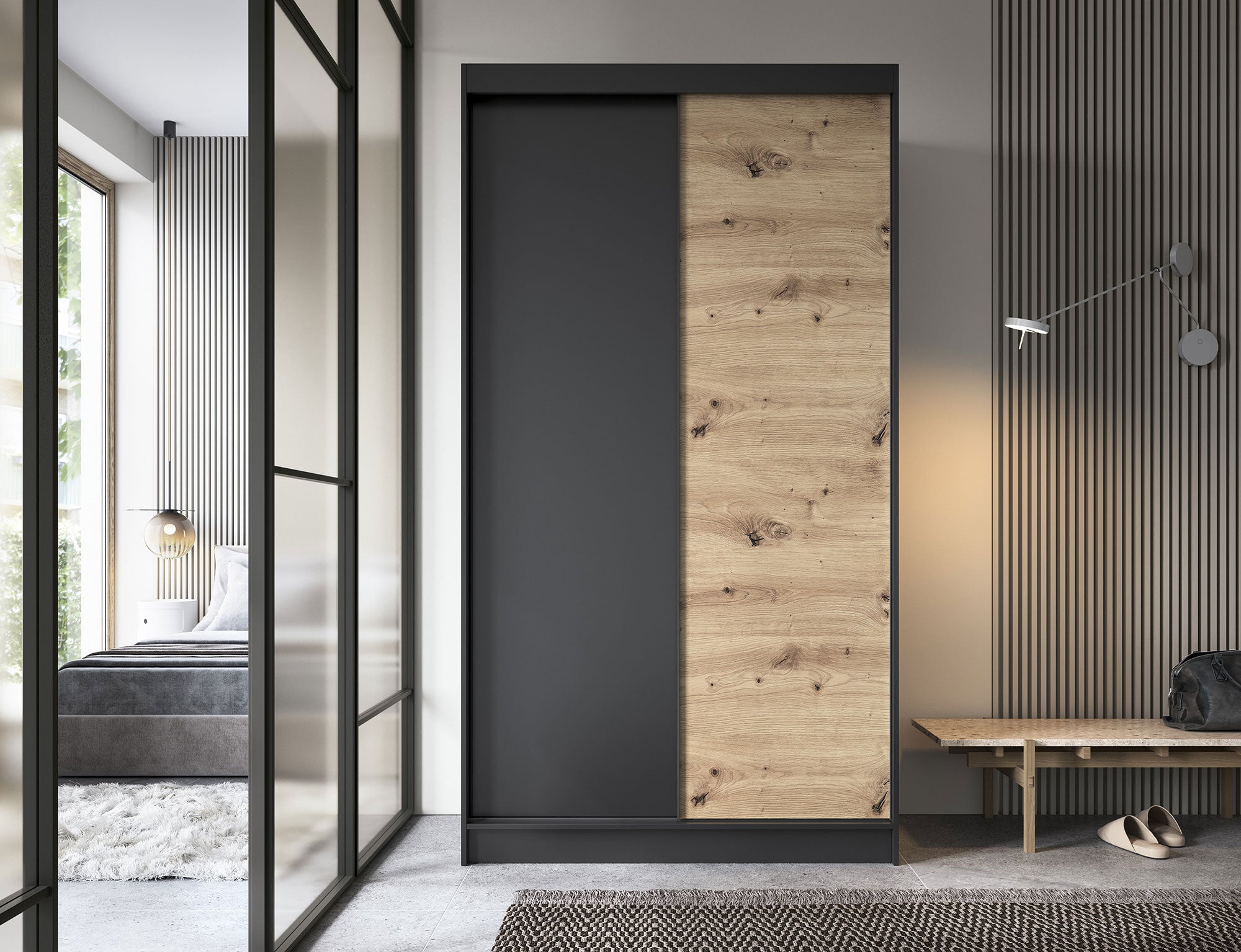 Armoire Dressing Coulissante 120 & 180 cm avec Miroir – Décor Chêne Artisan & Structure Noir Mat - VARELLA