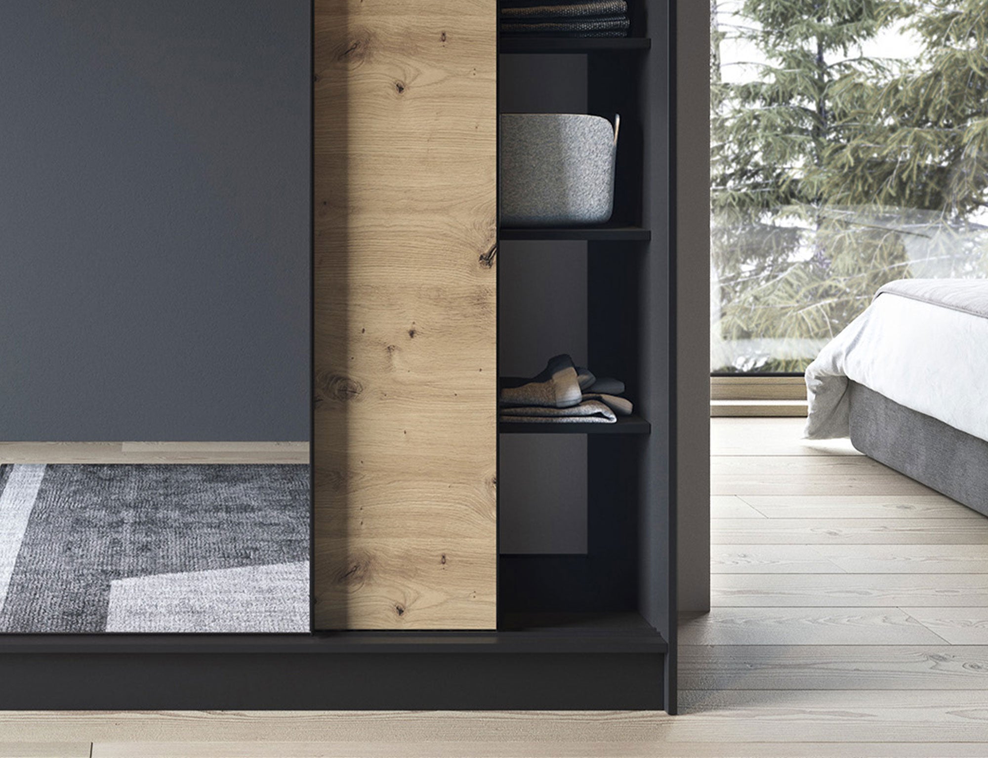 Armoire Dressing Coulissante 120 & 180 cm avec Miroir – Décor Chêne Artisan & Structure Noir Mat - VARELLA