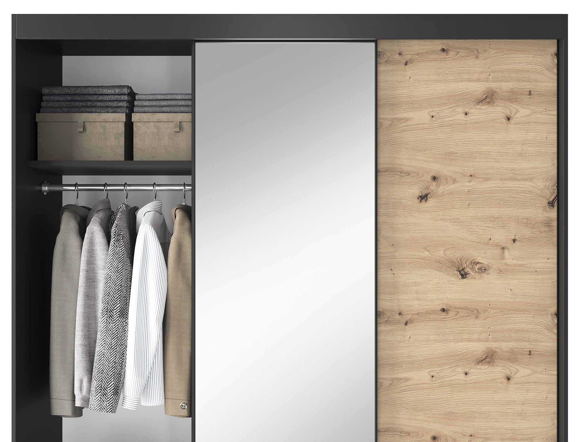 Armoire Dressing Coulissante 120 & 180 cm avec Miroir – Décor Chêne Artisan & Structure Noir Mat - VARELLA
