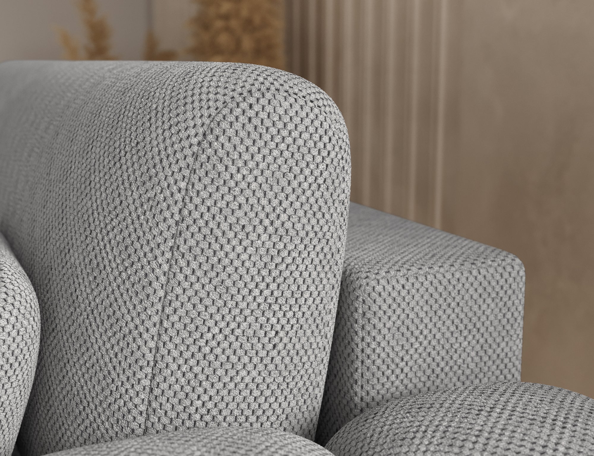 Canapé d'angle Saint-Germain – détail mécanisme, tissu texturé 3D gris clair