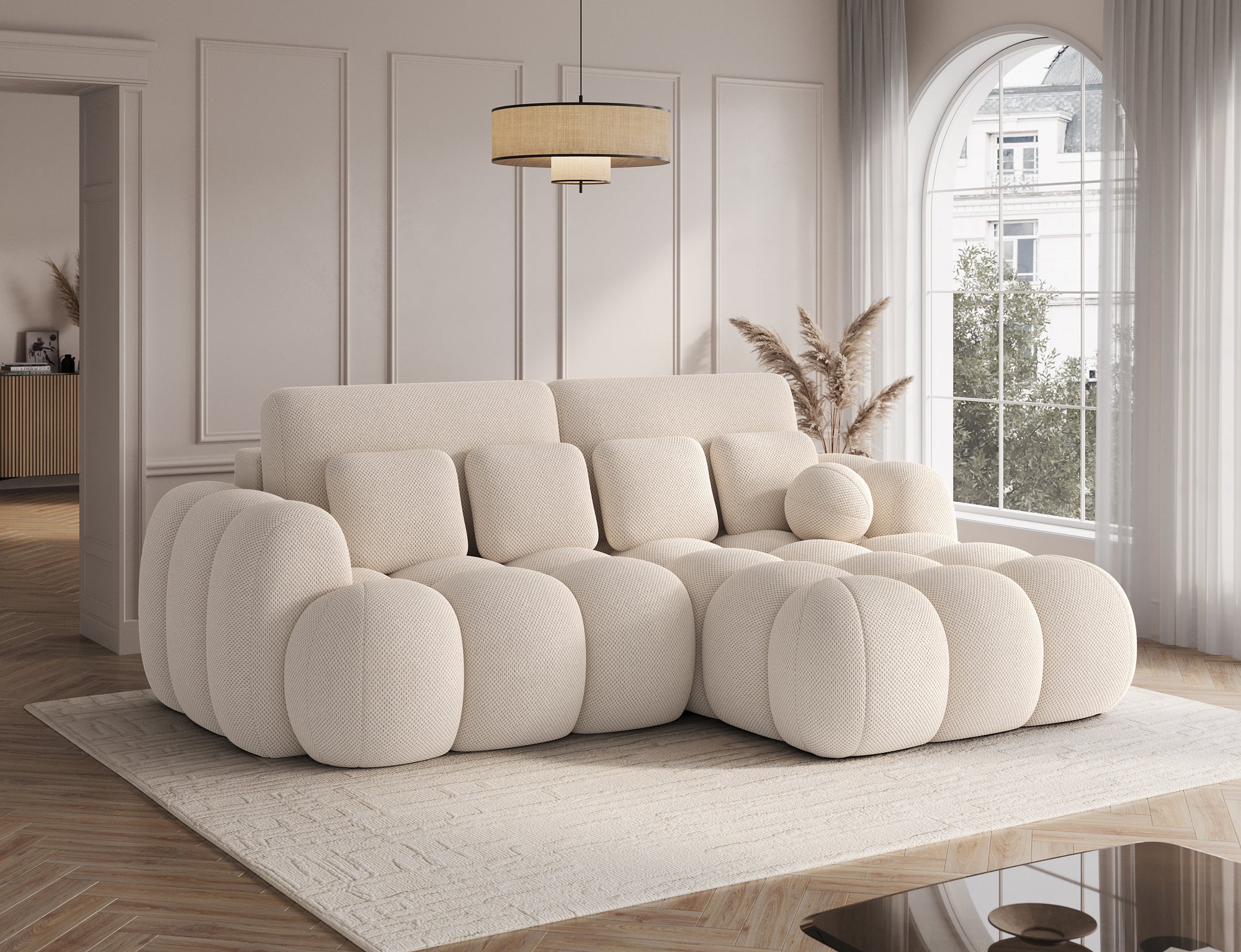Canapé Saint-Germain angle – close-up assise, tissu texturé 3D beige