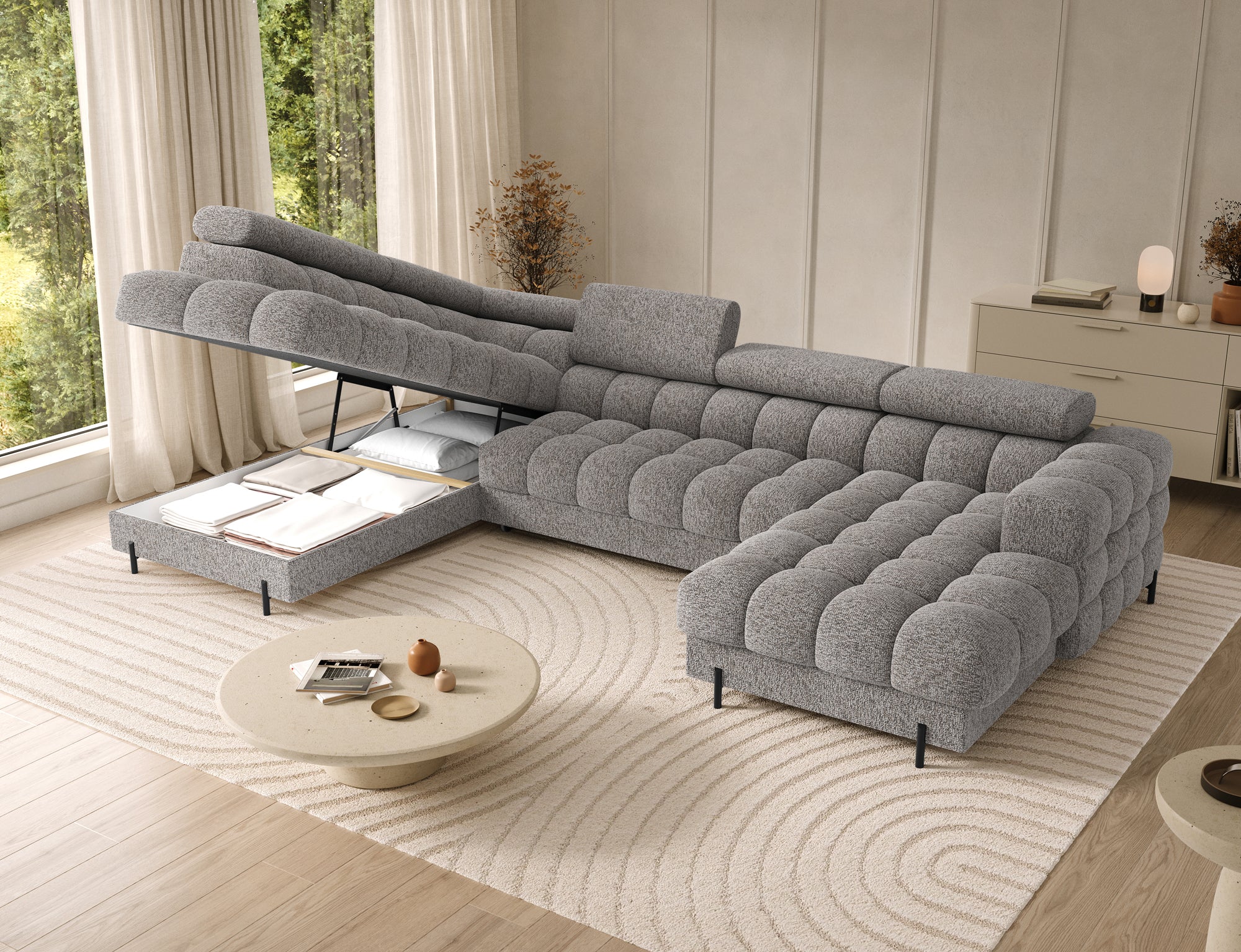 Montceau – Canapé panoramique en U convertible avec coffre et têtières réglables