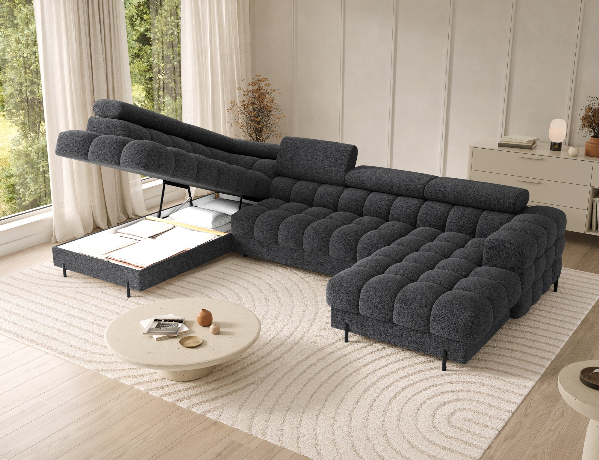 Montceau – Canapé panoramique en U convertible avec coffre et têtières réglables