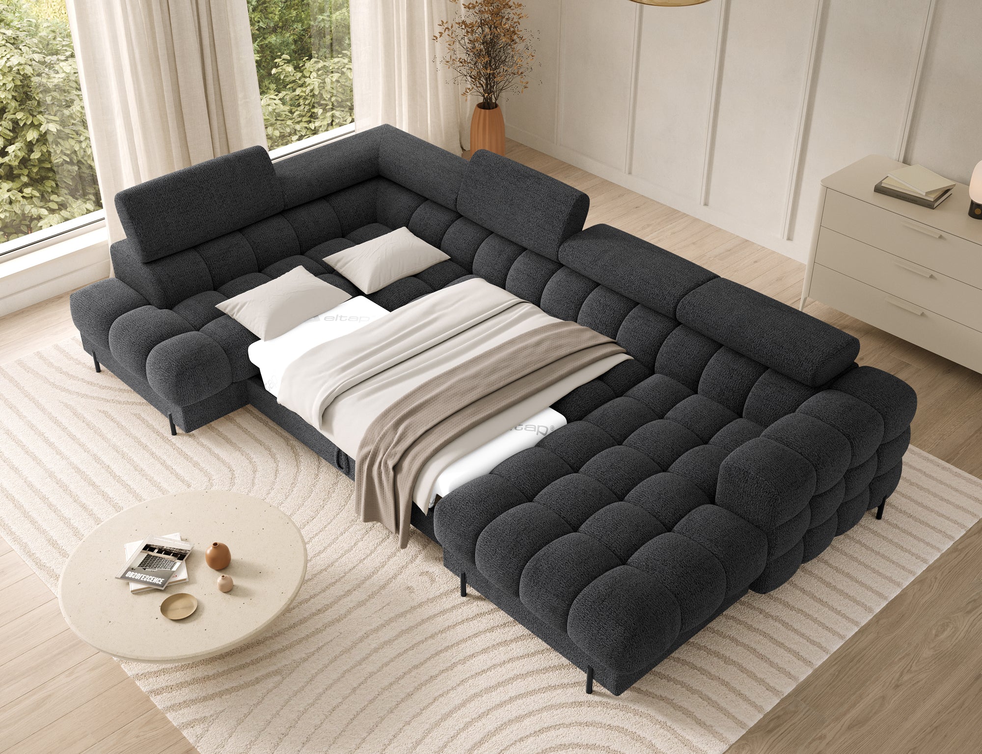 Montceau – Canapé panoramique en U convertible avec coffre et têtières réglables