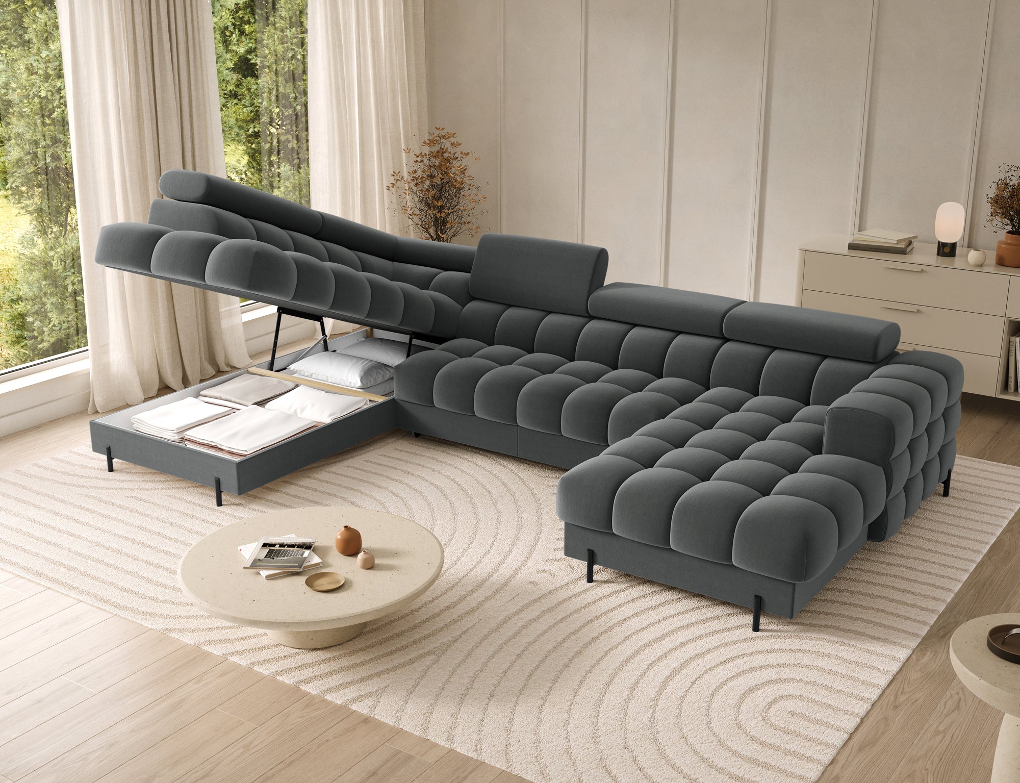 Montceau – Canapé panoramique en U convertible avec coffre et têtières réglables