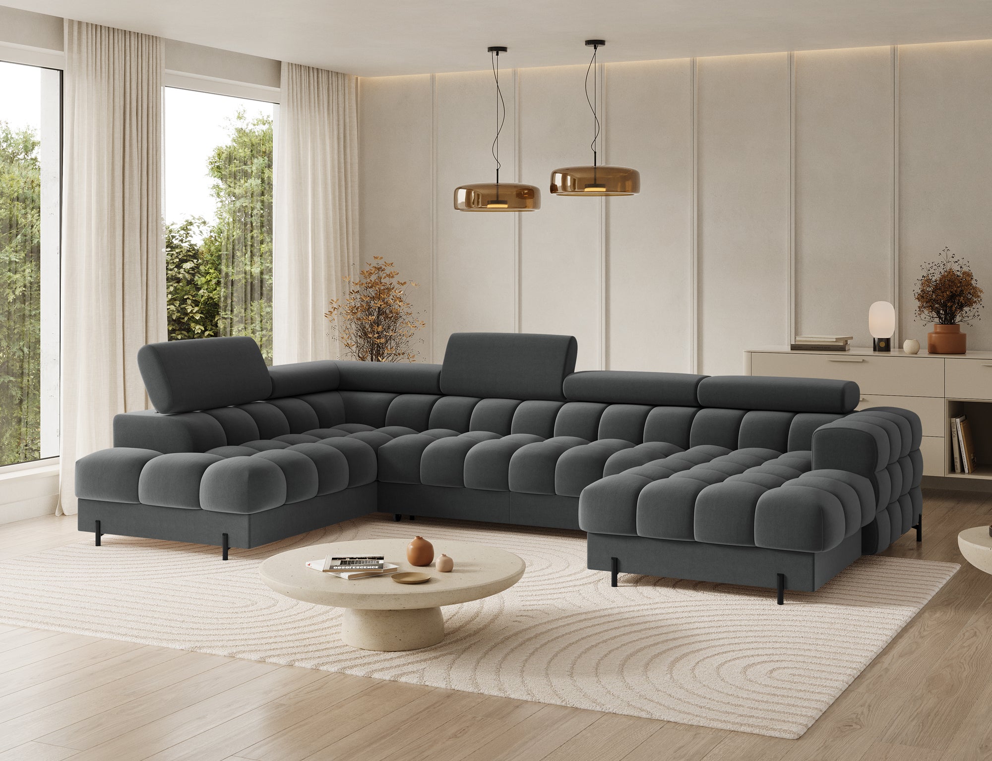 Montceau – Canapé panoramique en U convertible avec coffre et têtières réglables