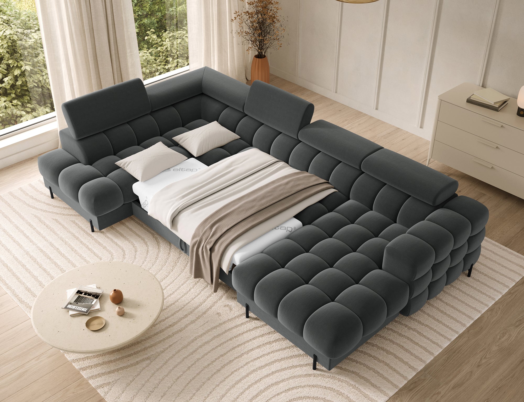 Montceau – Canapé panoramique en U convertible avec coffre et têtières réglables