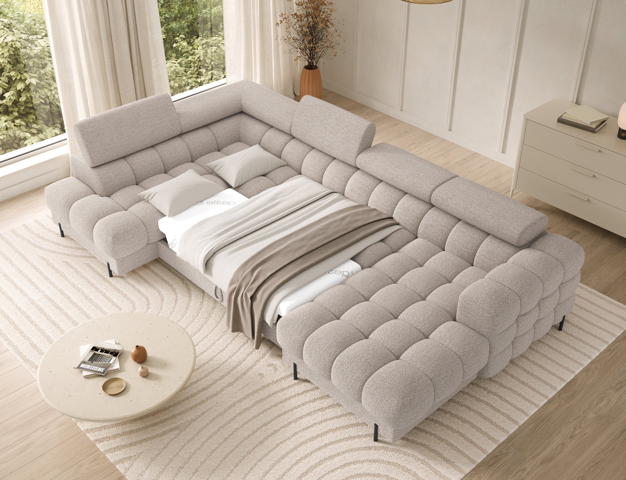 Montceau – Canapé panoramique en U convertible avec coffre et têtières réglables