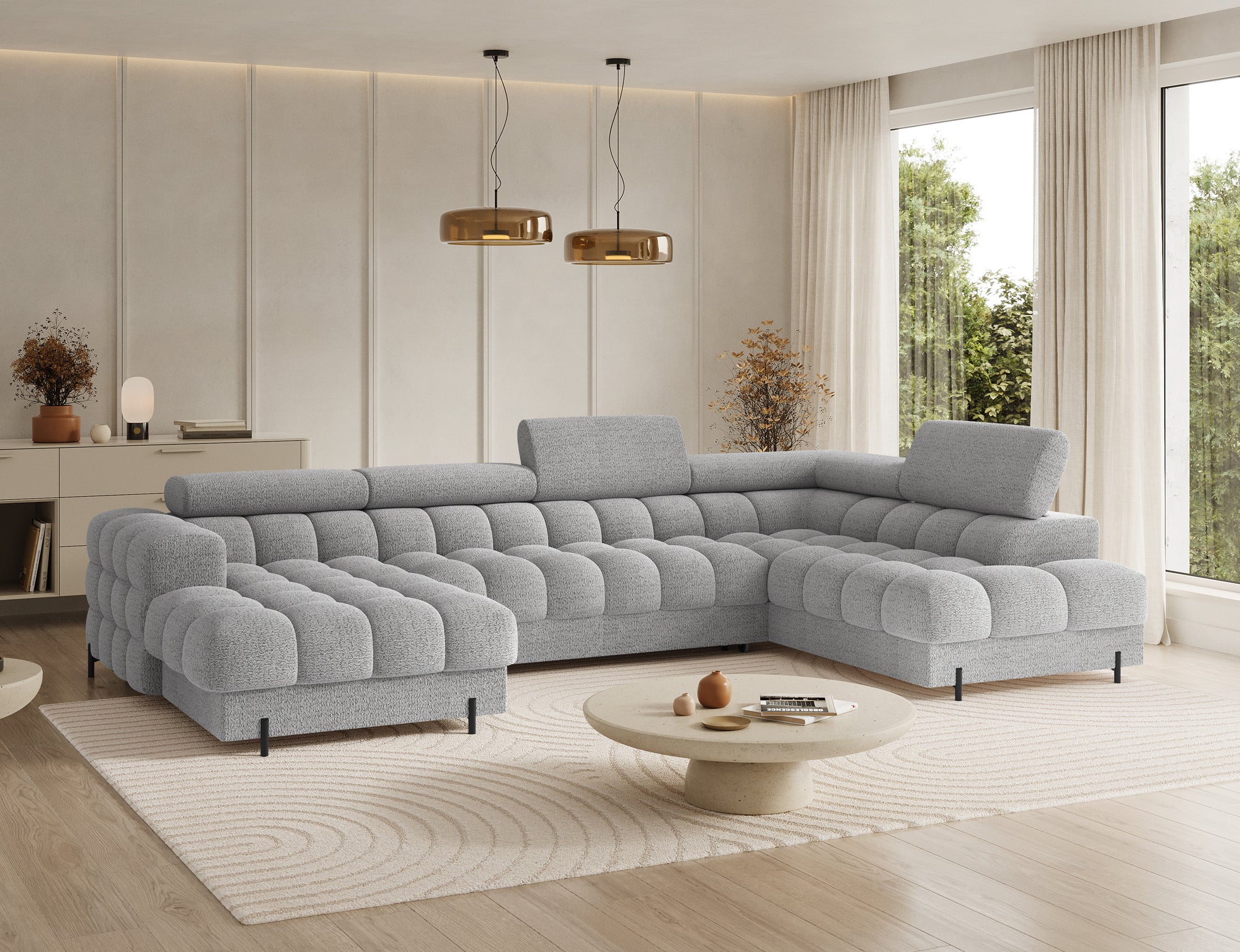 Montceau – Canapé panoramique en U convertible avec coffre et têtières réglables