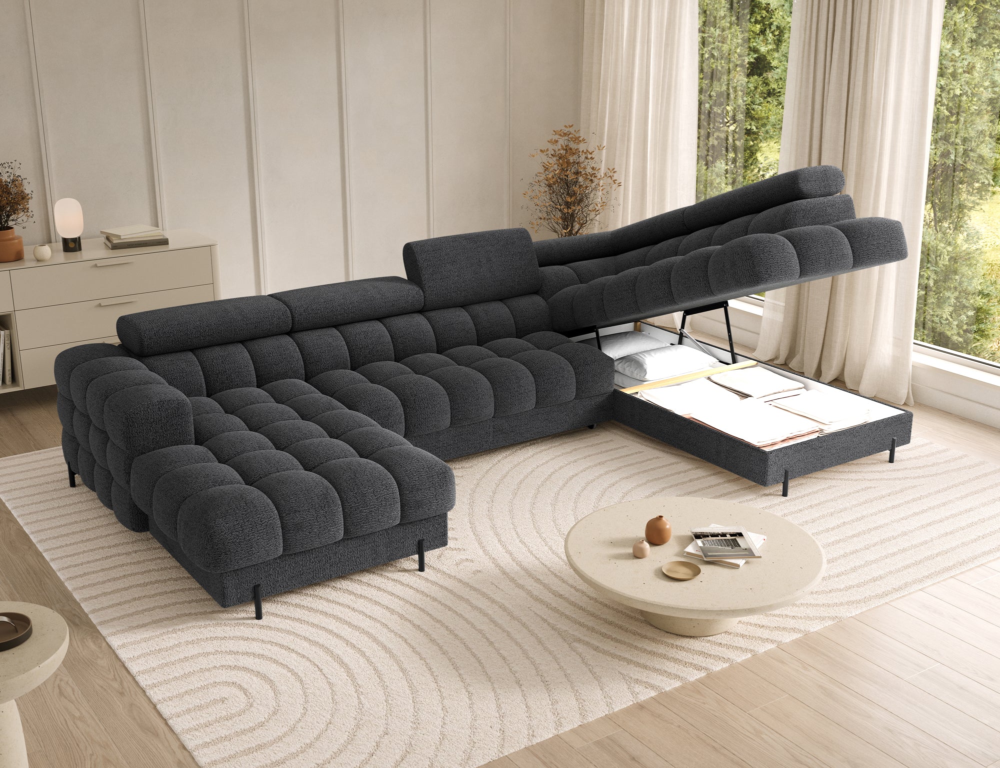 Montceau – Canapé panoramique en U convertible avec coffre et têtières réglables