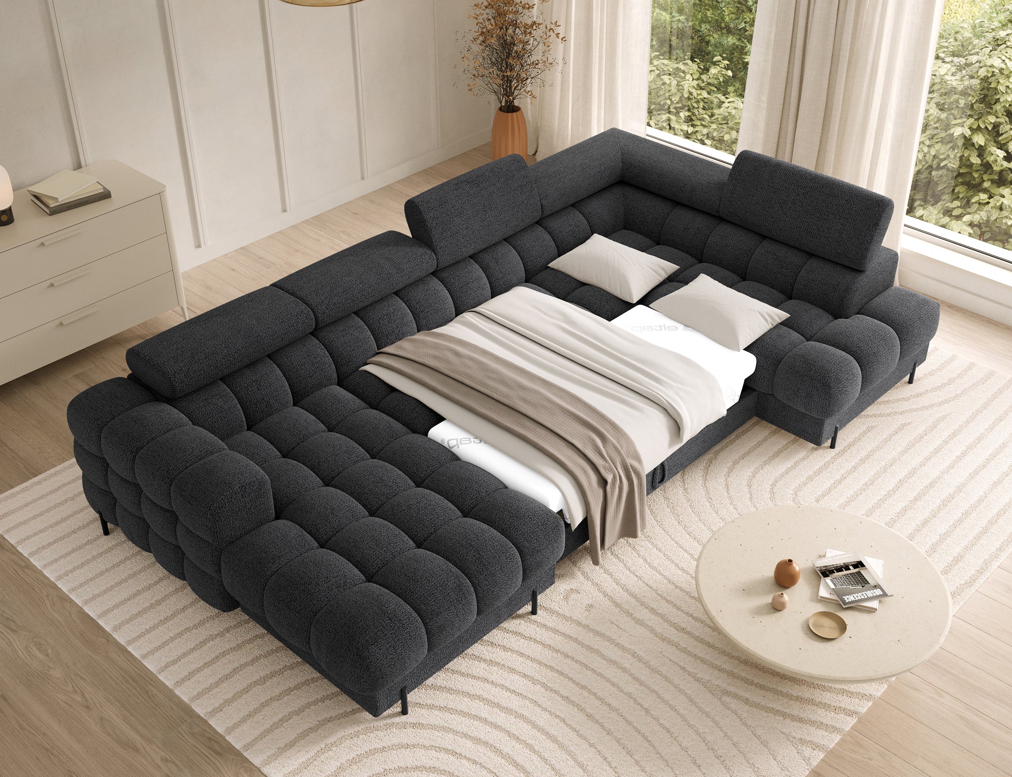 Montceau – Canapé panoramique en U convertible avec coffre et têtières réglables