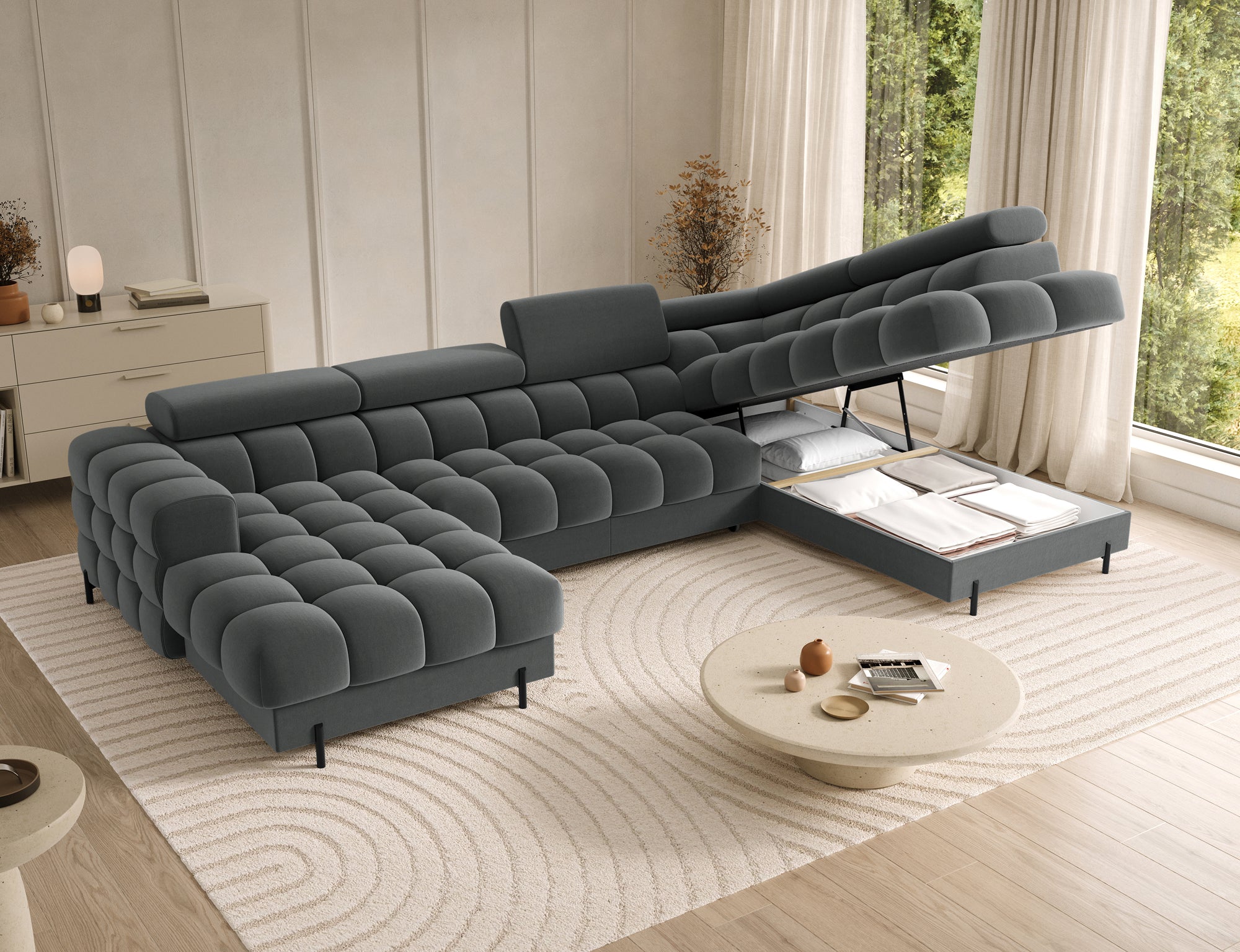 Montceau – Canapé panoramique en U convertible avec coffre et têtières réglables