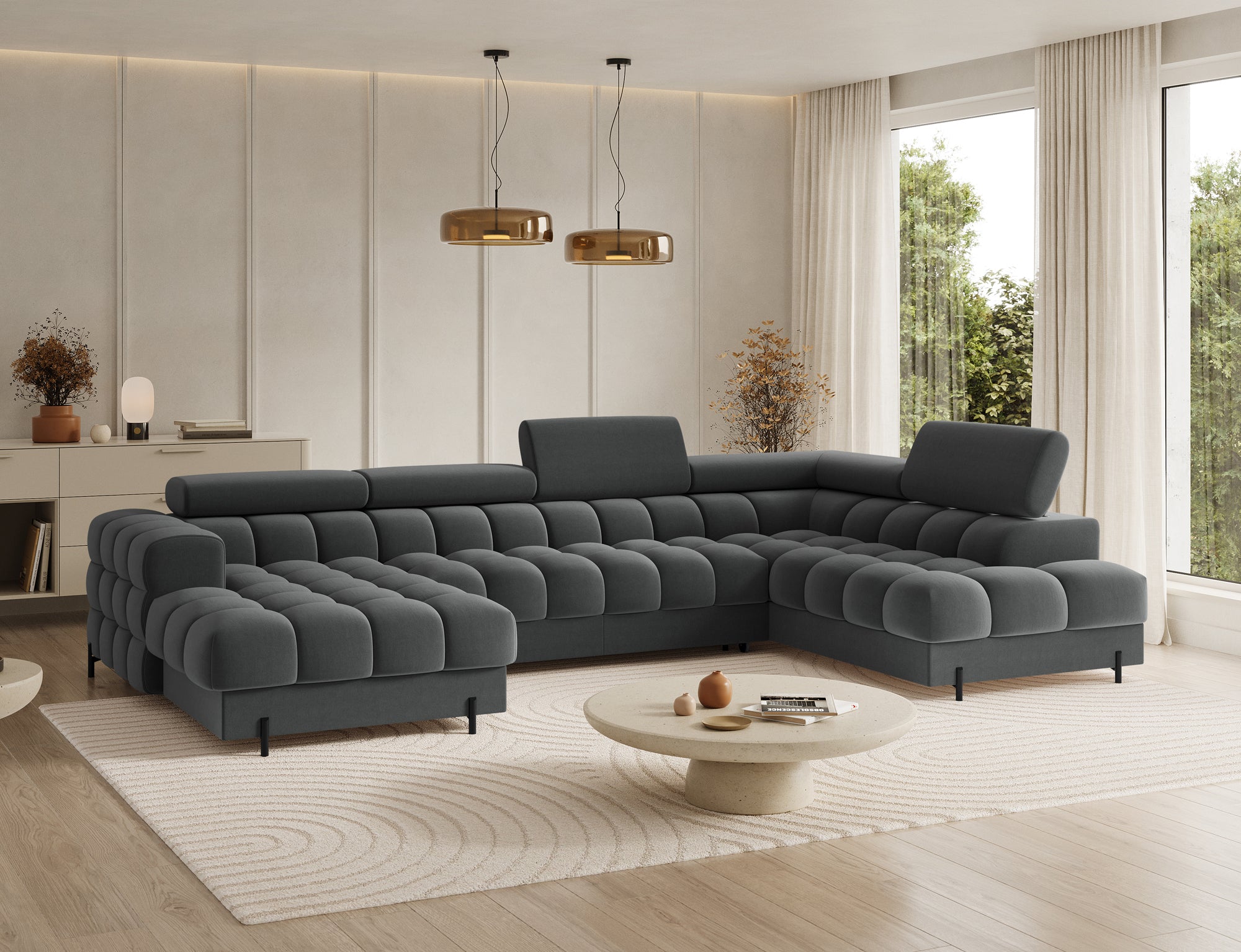 Montceau – Canapé panoramique en U convertible avec coffre et têtières réglables