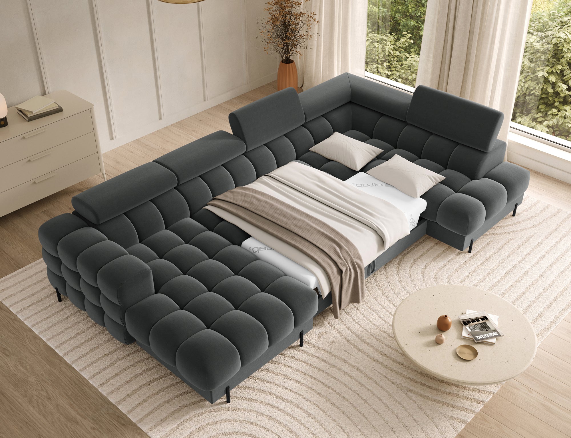 Montceau – Canapé panoramique en U convertible avec coffre et têtières réglables