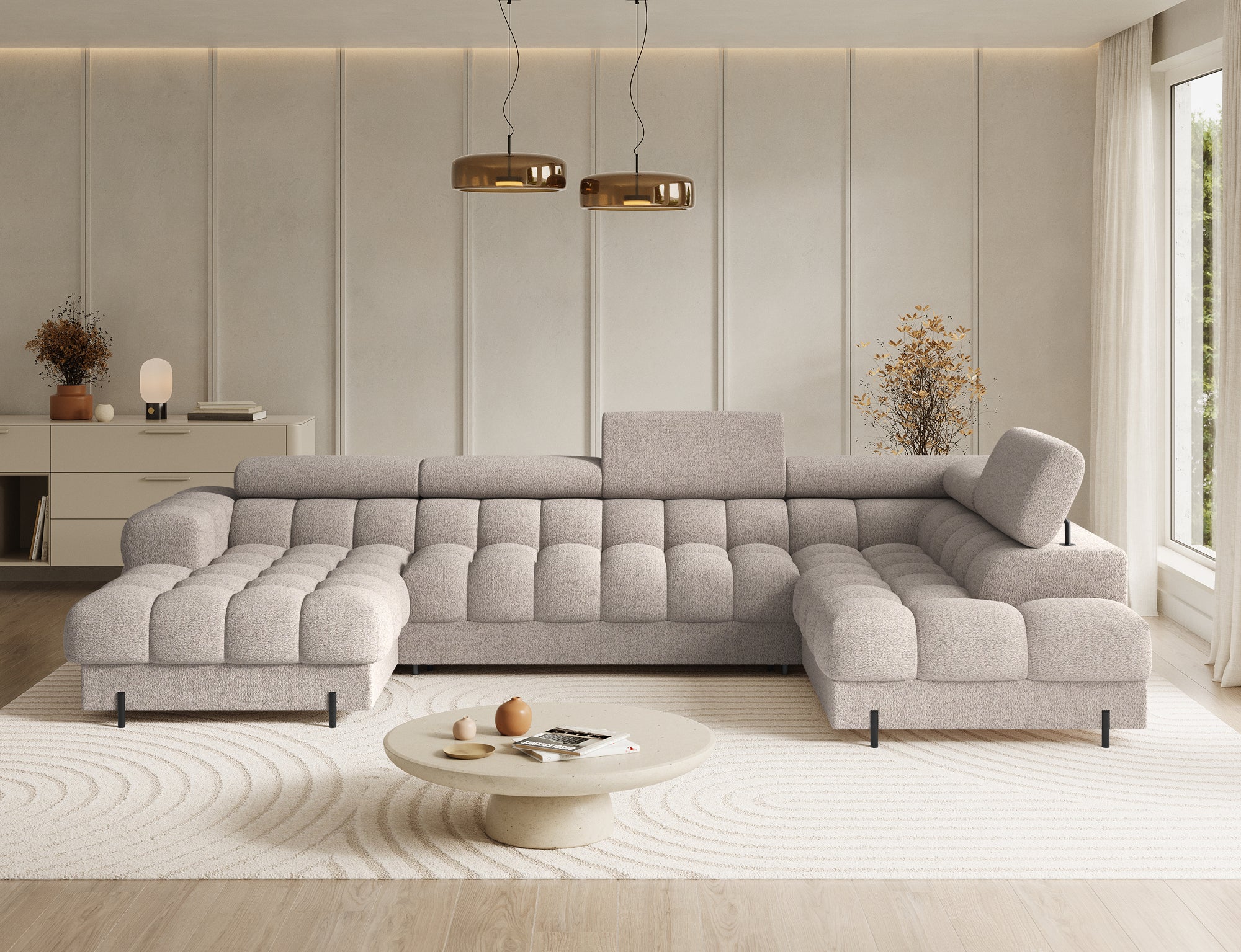 Montceau – Canapé panoramique en U convertible avec coffre et têtières réglables