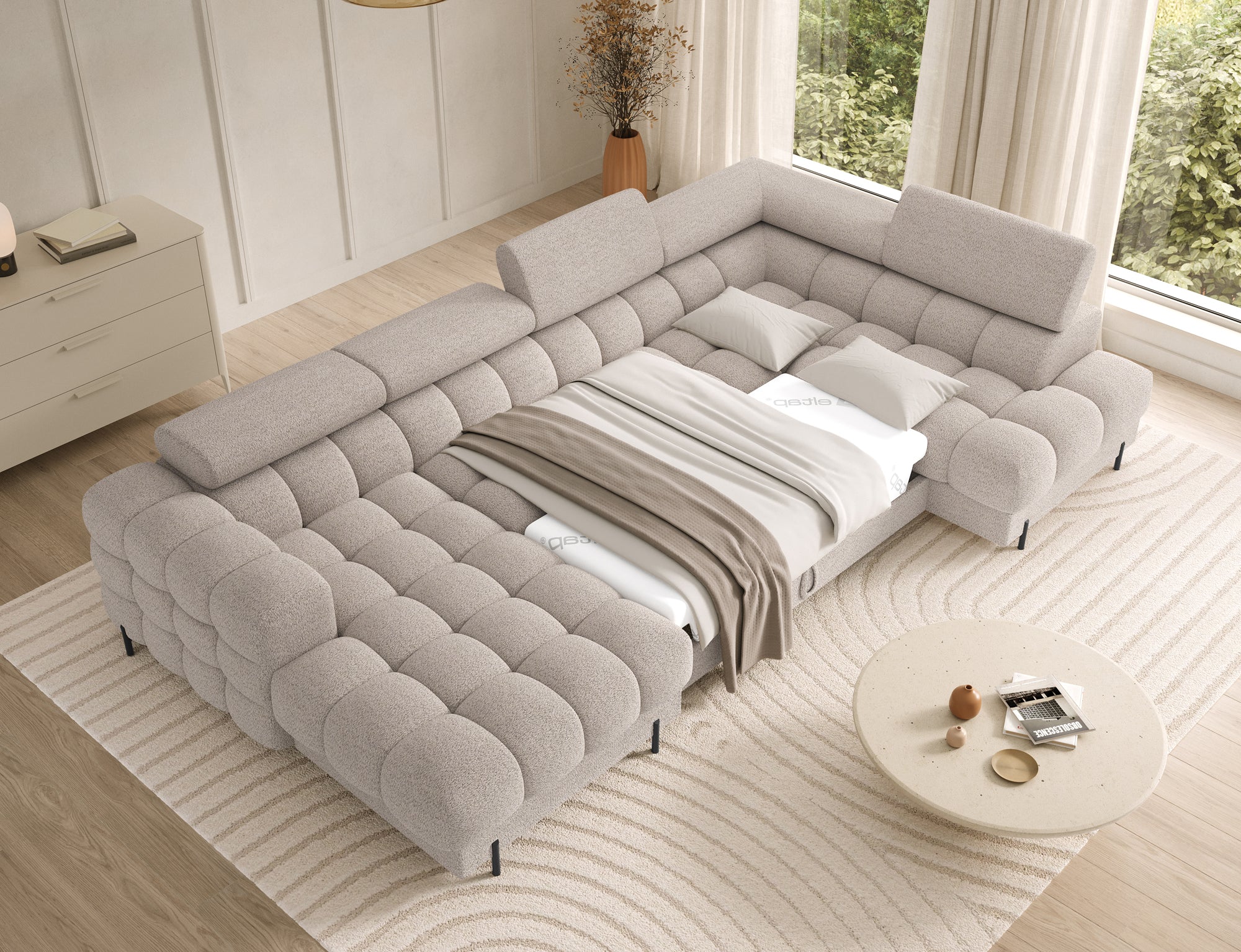 Montceau – Canapé panoramique en U convertible avec coffre et têtières réglables