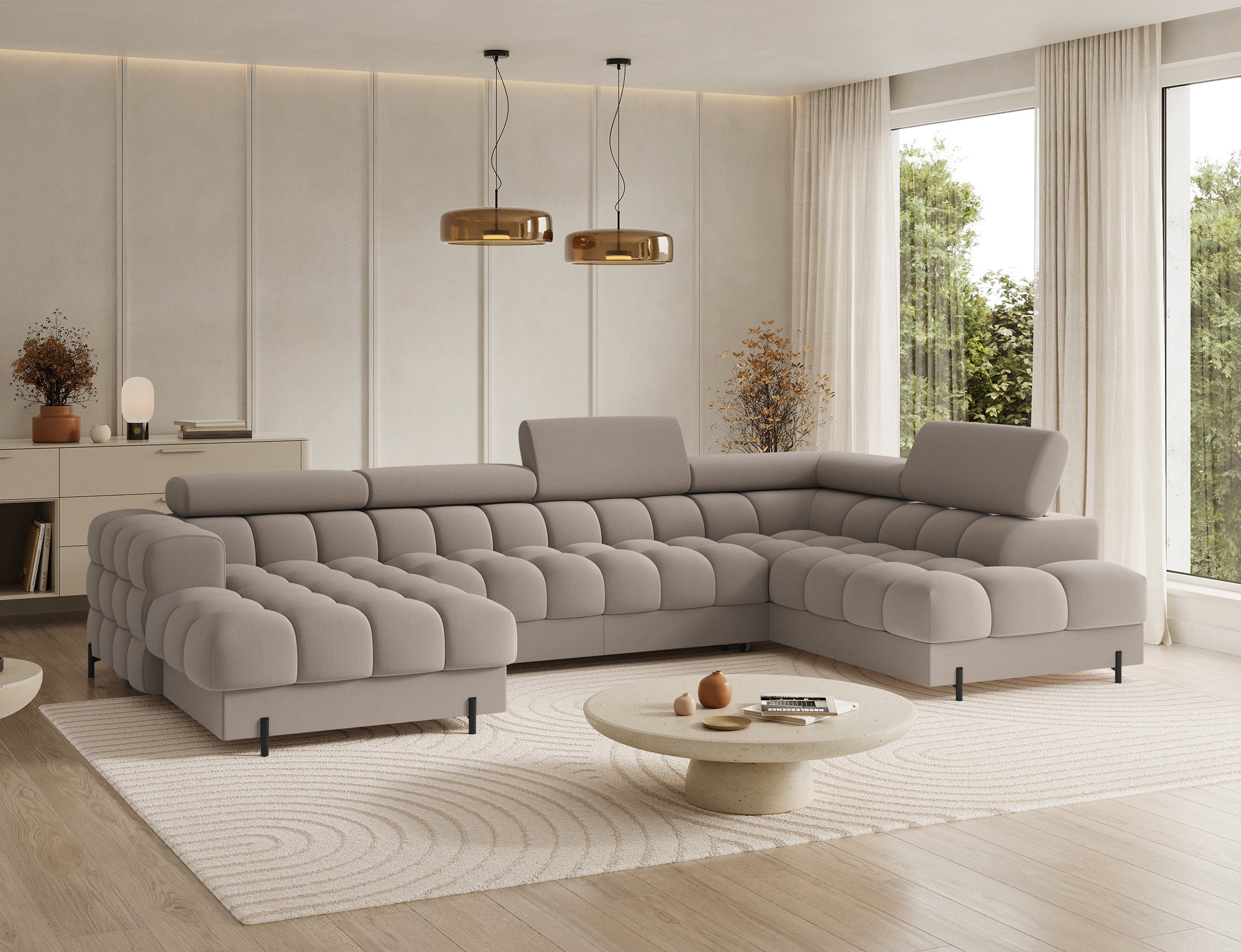 Montceau – Canapé panoramique en U convertible avec coffre et têtières réglables