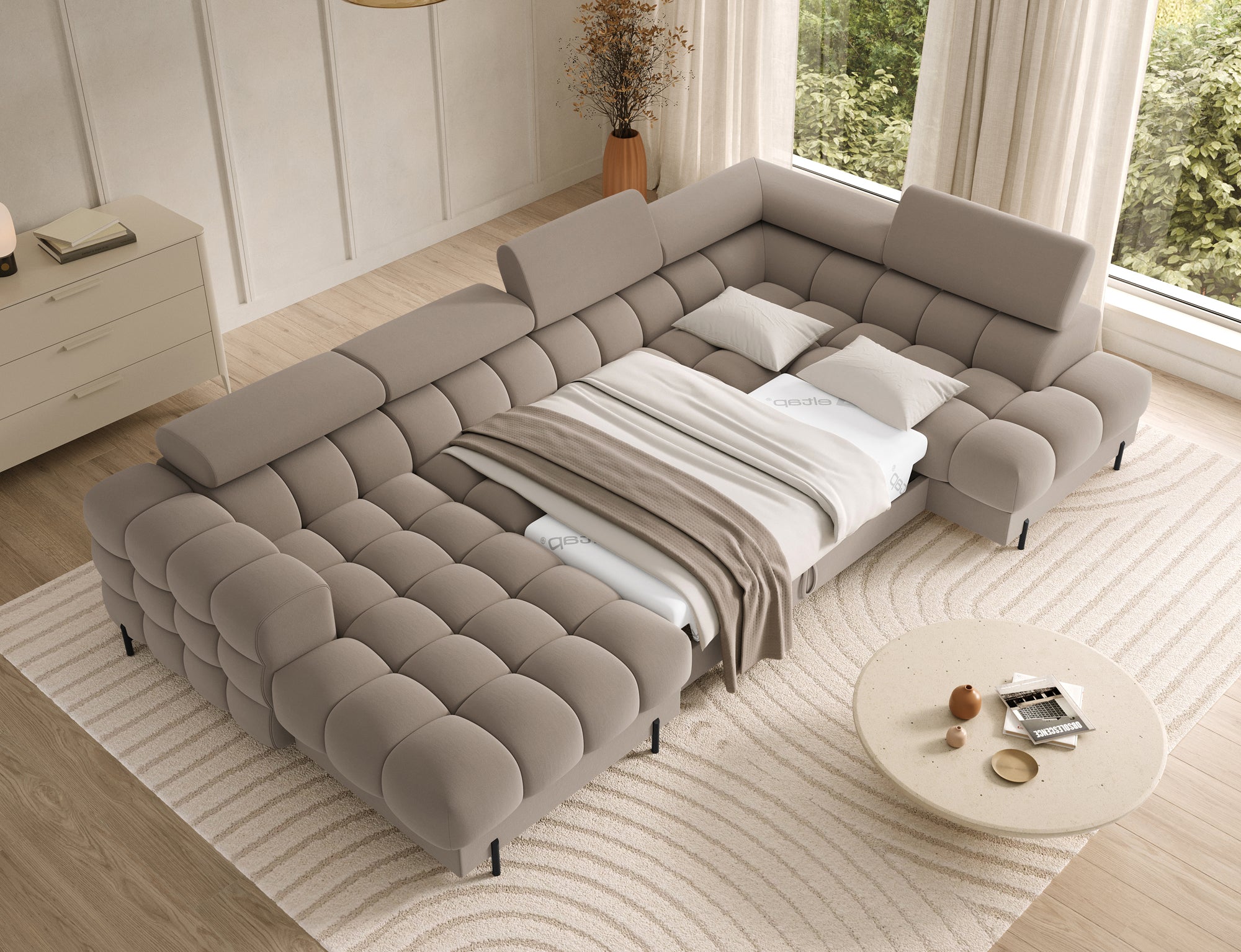 Montceau – Canapé panoramique en U convertible avec coffre et têtières réglables