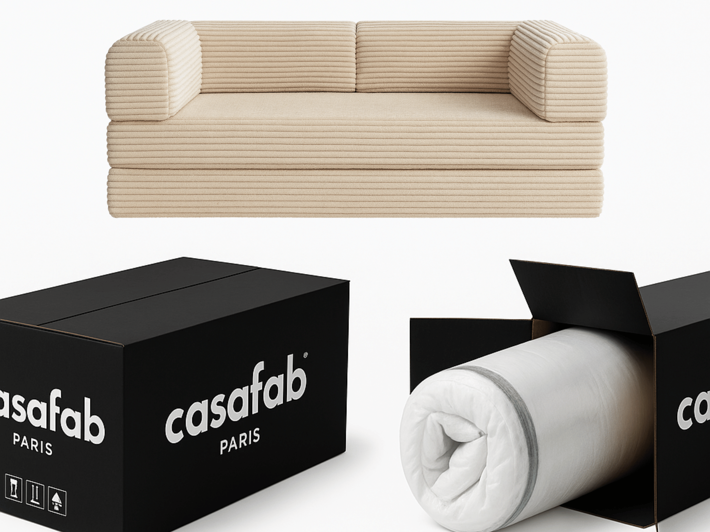 Sofá cama de 3 plazas Victor Hugo de pana beige de 200 cm de grosor