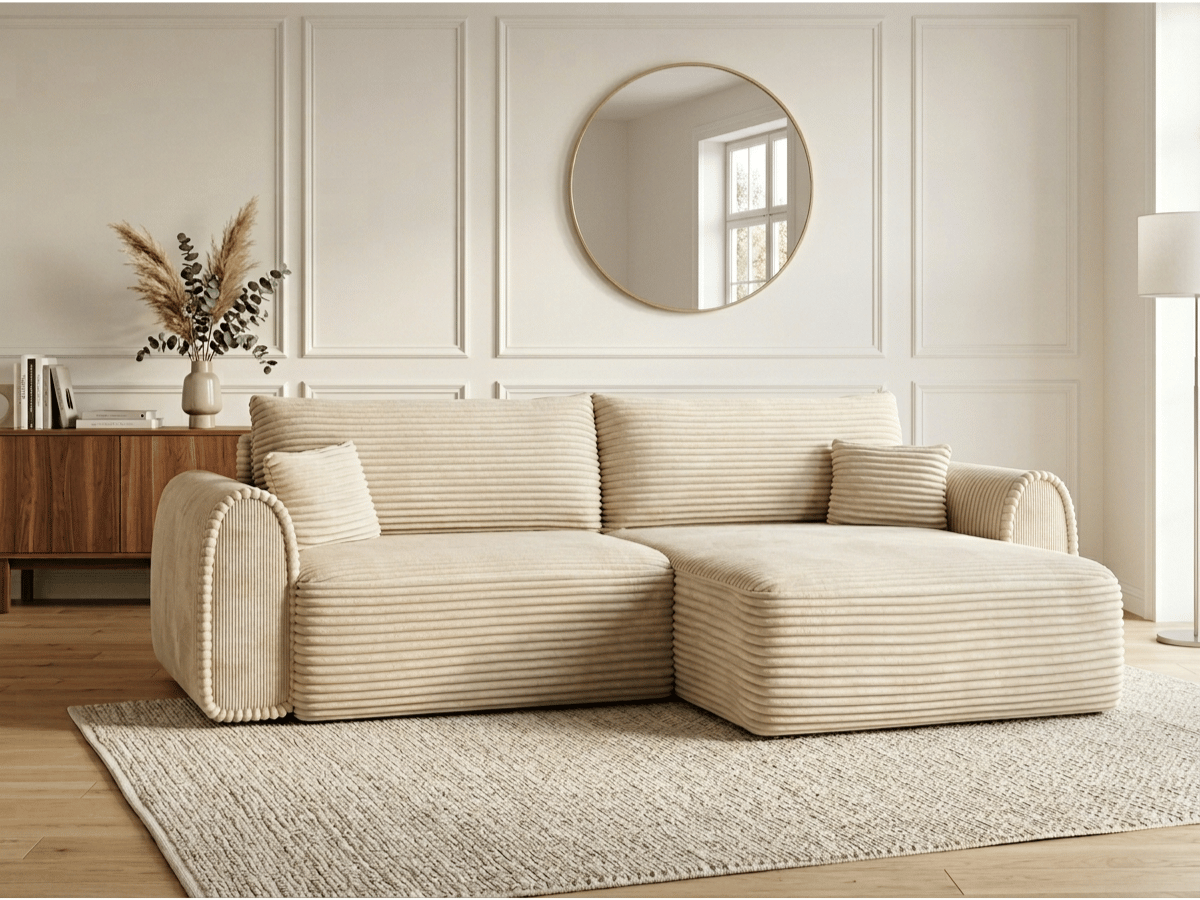 Canapé convertible ODEON – velours côtelé épais beige – couchage déplié
