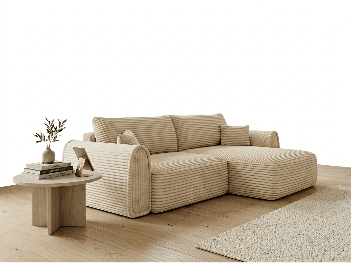 Canapé convertible ODEON – velours côtelé épais beige – assise arrondie