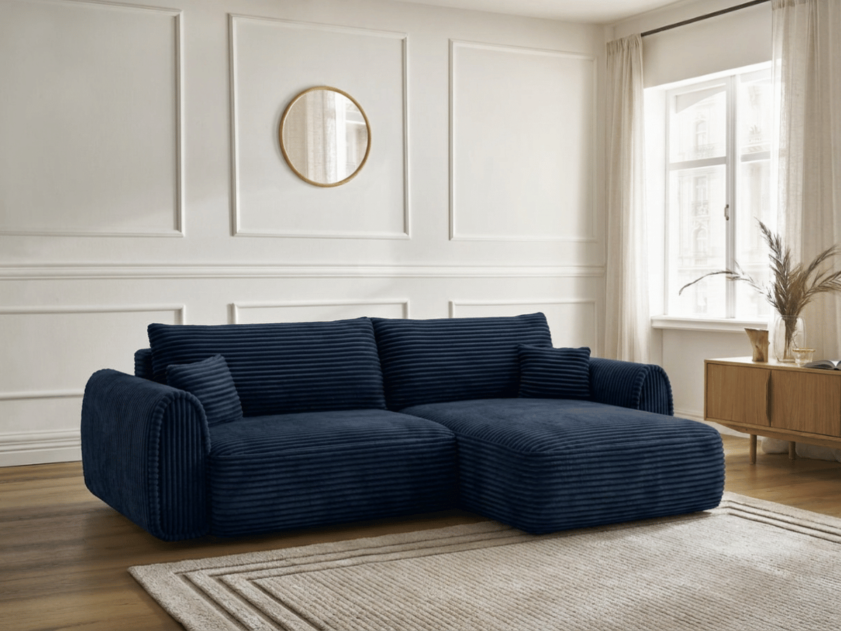 Canapé convertible ODEON – Velours côtelé épais – Design arrondi tendance