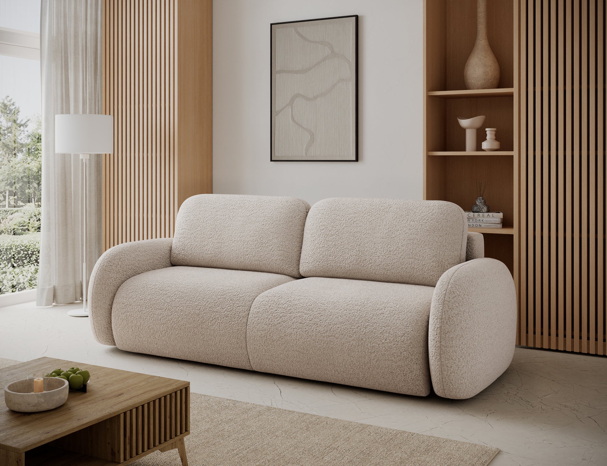 Canapé convertible design CADET avec coffre de rangement - Bouclette chinée beige - vue 5