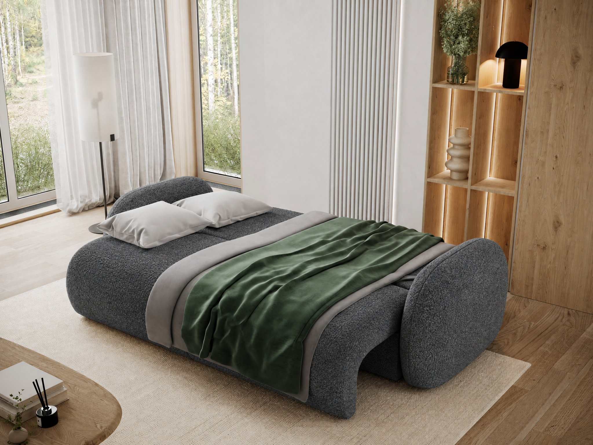 Canapé convertible design CADET avec coffre de rangement - Bouclette chinée gris foncé - vue 2