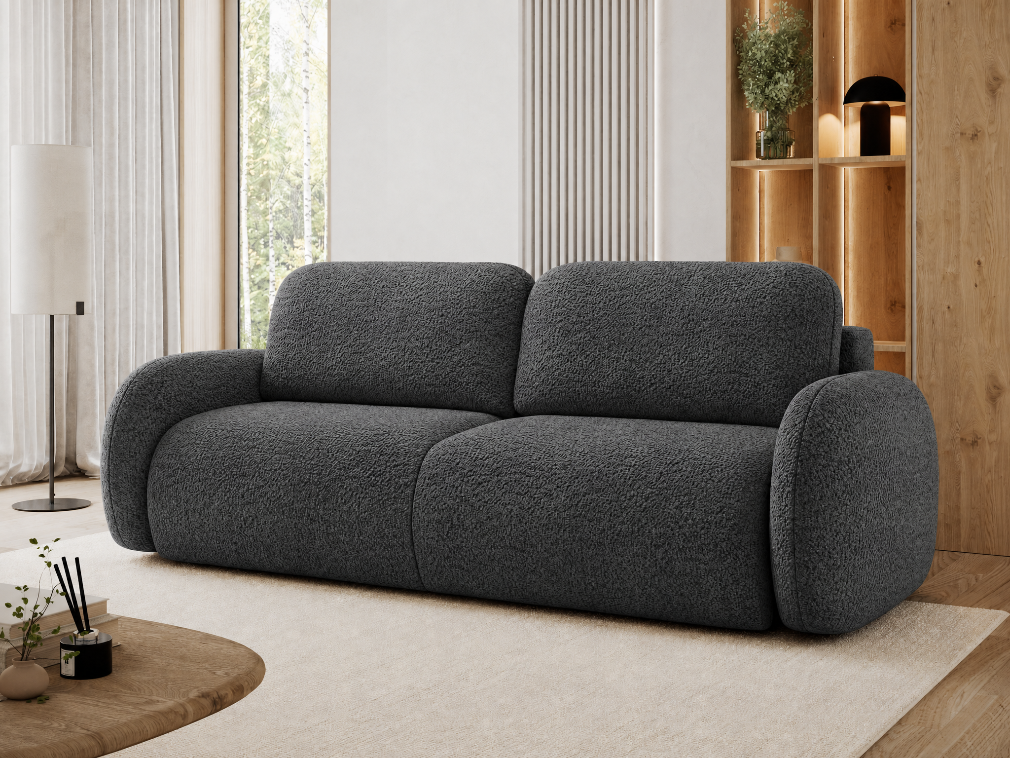Canapé convertible design CADET avec coffre de rangement - Bouclette chinée gris foncé - vue 4