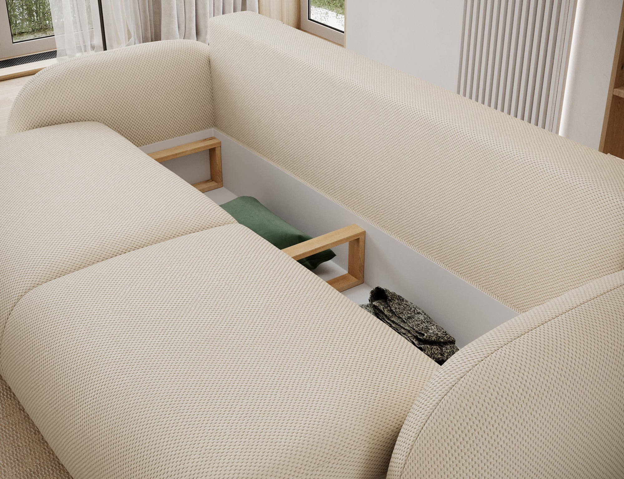 Canapé convertible design CADET avec coffre de rangement - Tissu texturé beige - vue 9