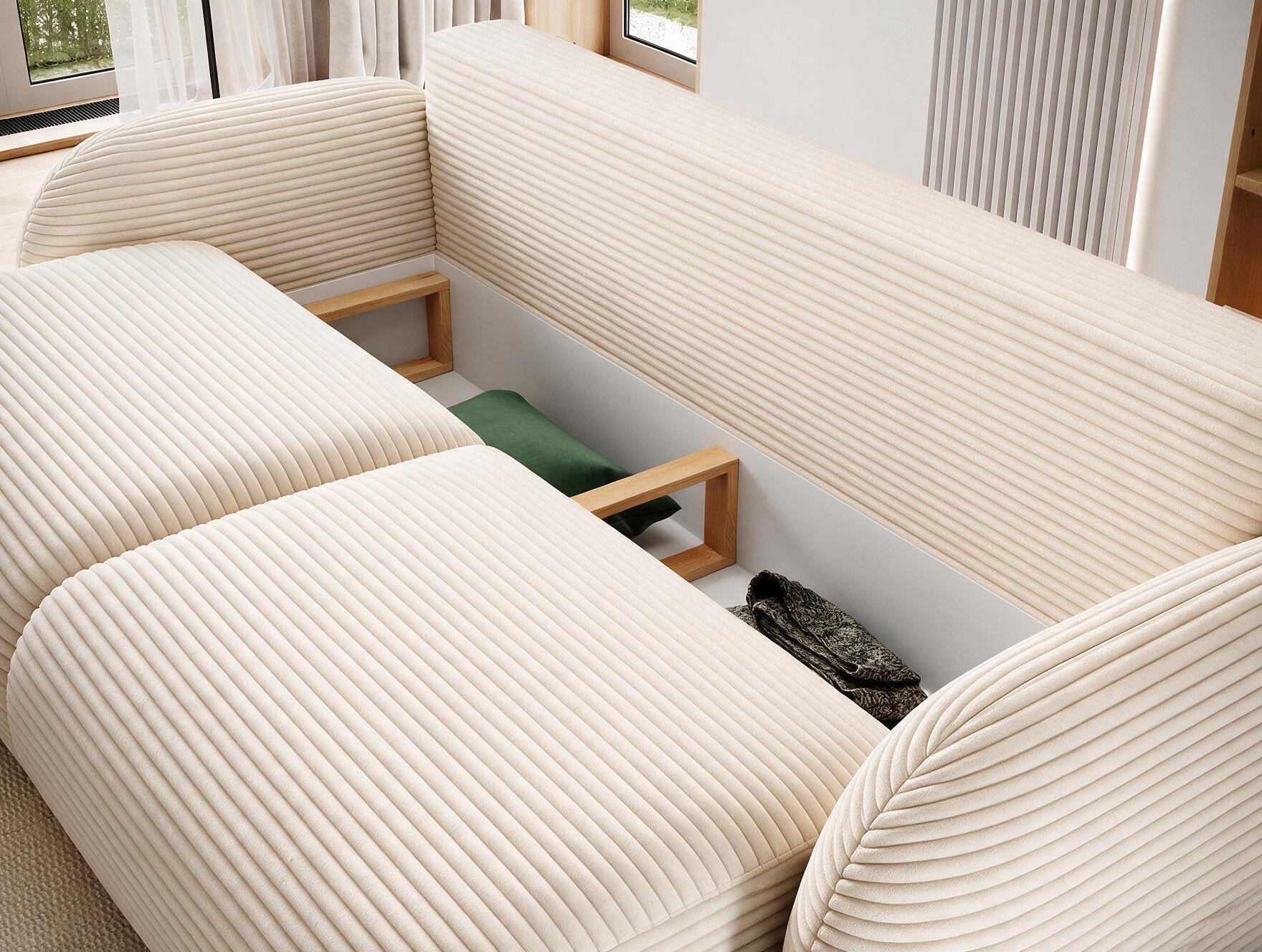 Canapé convertible design CADET avec coffre de rangement - Velours côtelé épais beige - vue 9