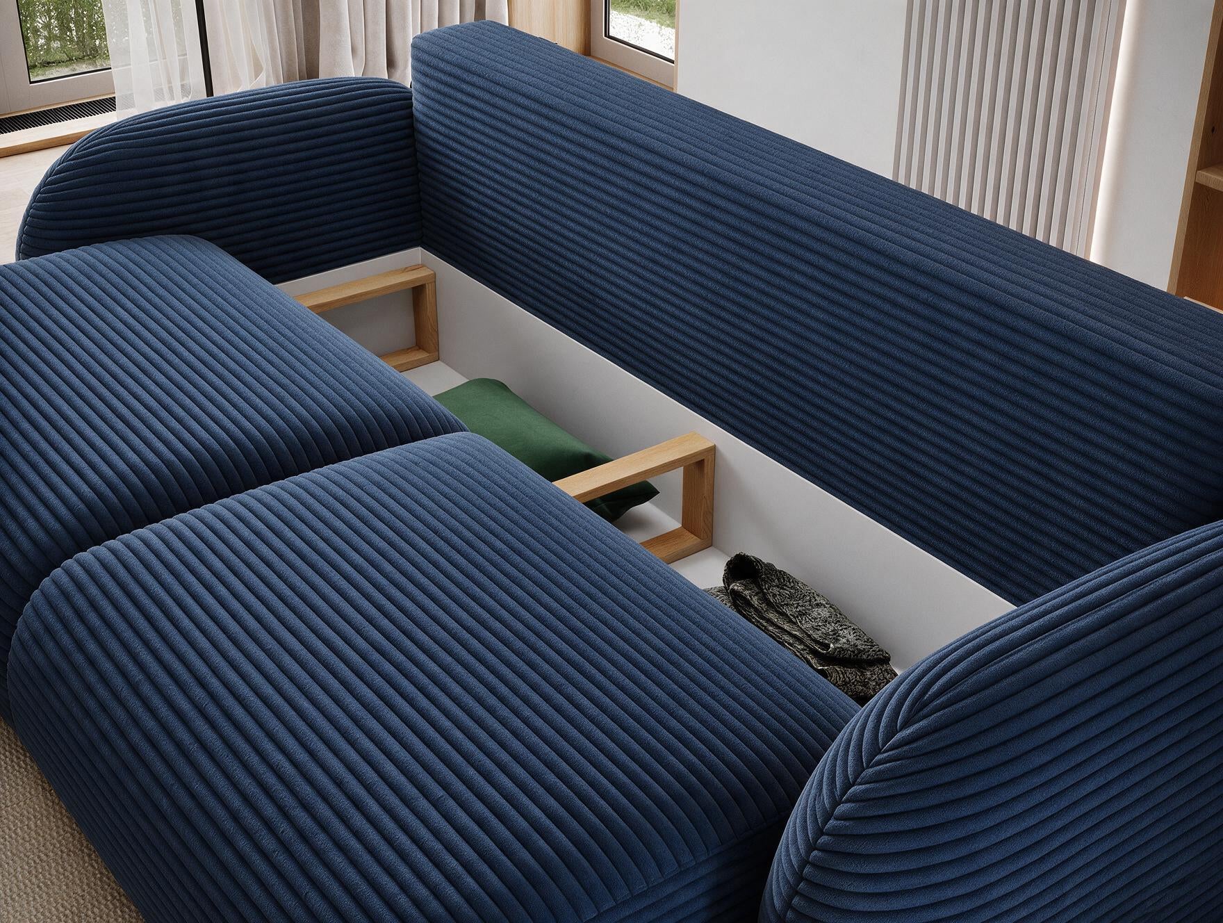 Canapé convertible design CADET avec coffre de rangement - Velours côtelé épais bleu - vue 9