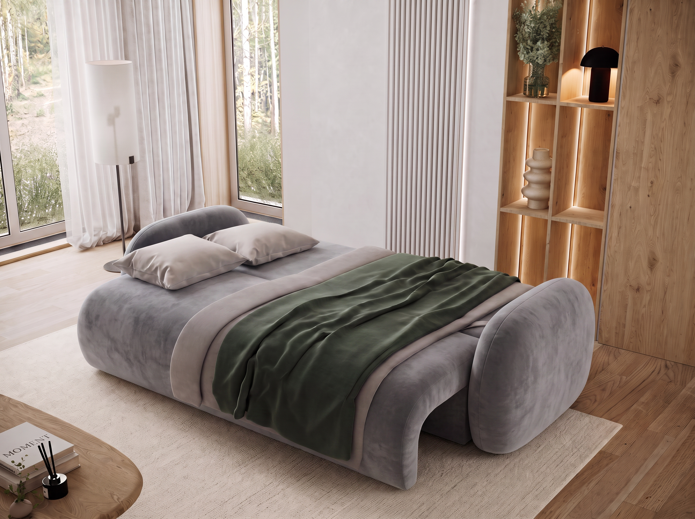 Canapé convertible design CADET avec coffre de rangement - Velours gris clair - vue 2