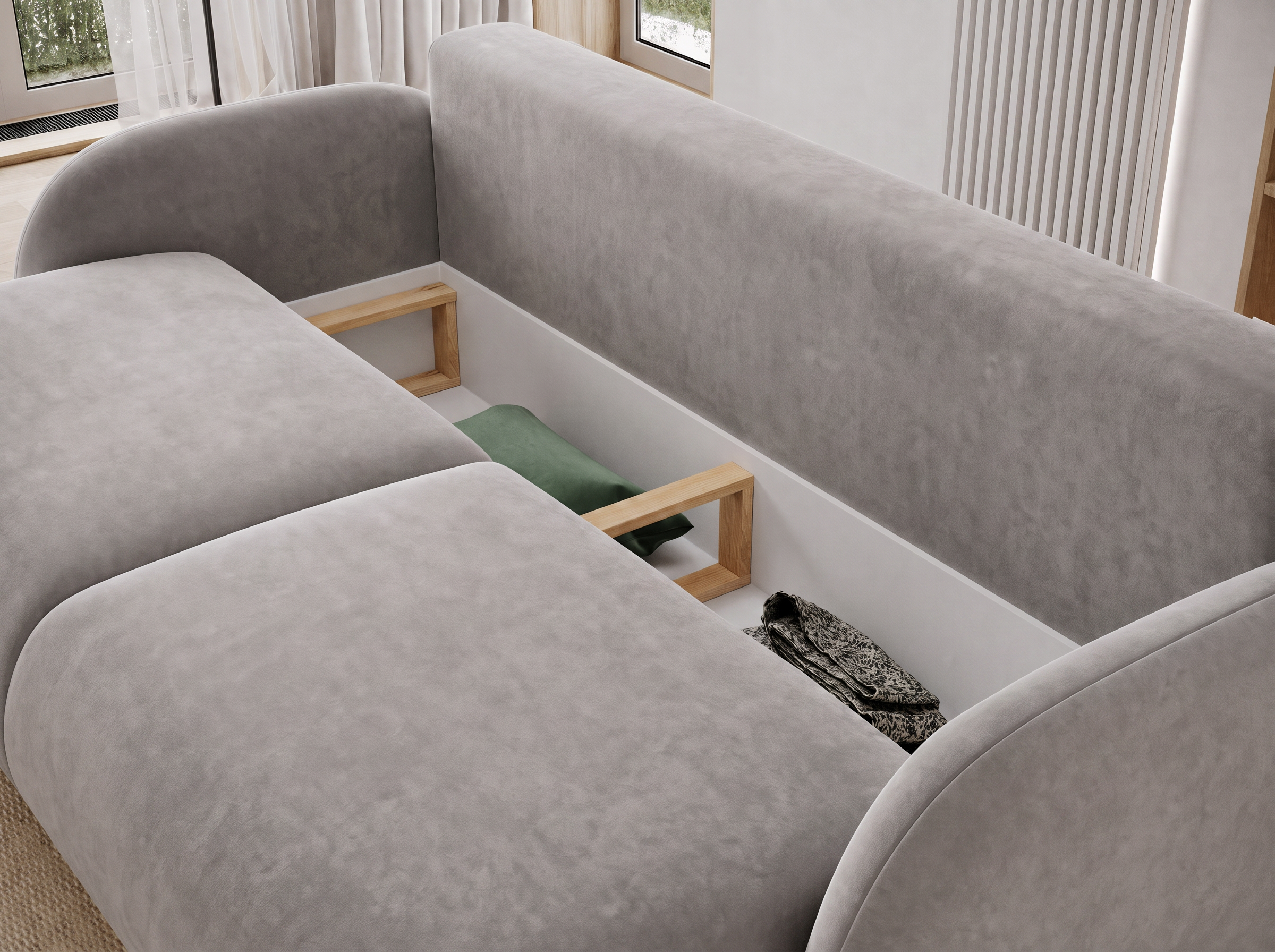 Canapé convertible design CADET avec coffre de rangement - Velours gris clair - vue 9