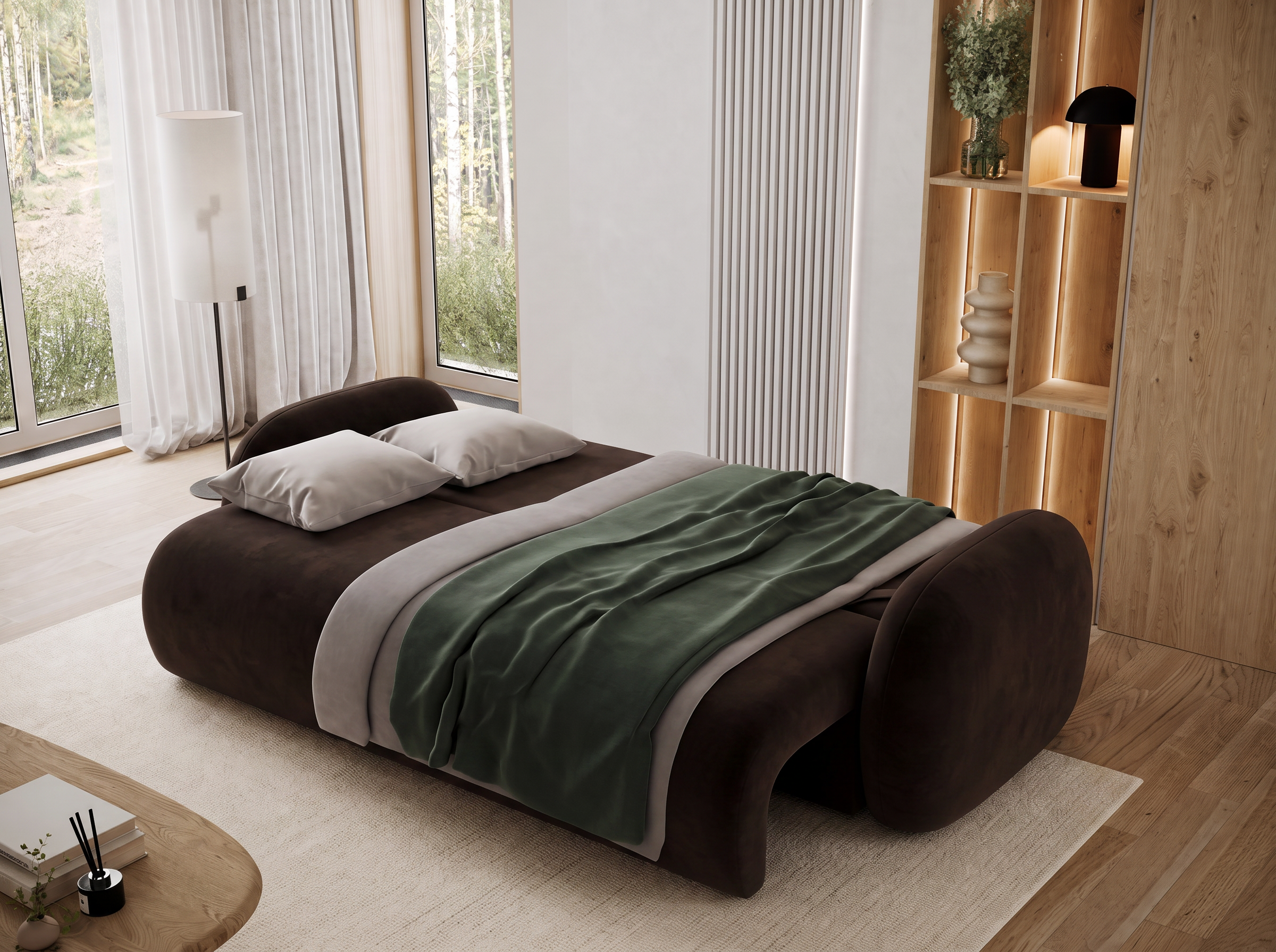 Canapé convertible design CADET avec coffre de rangement - Velours marron foncé - vue 2